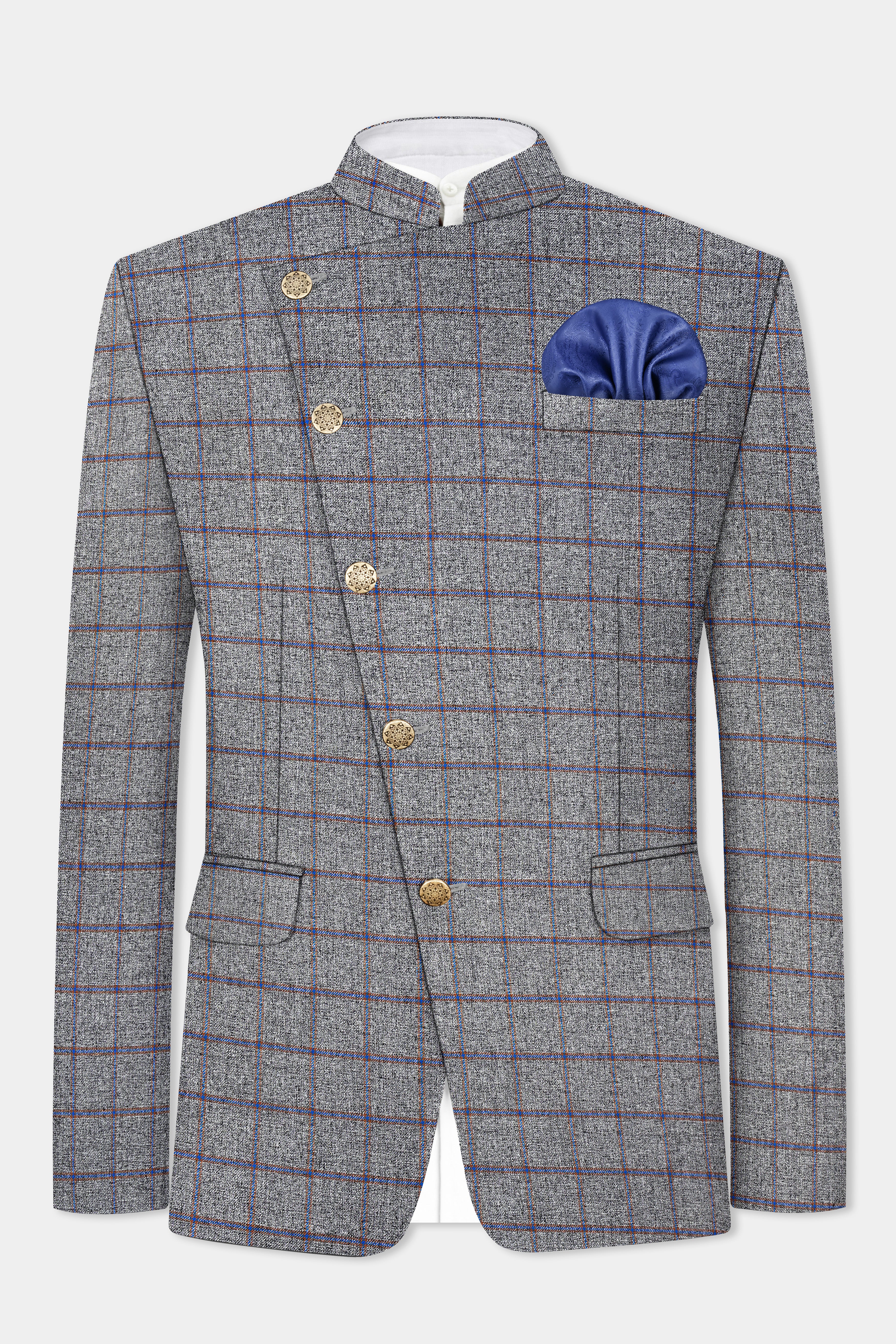 Smokey Gray Windowpane Wool Blend Cross Placket Bandhgala Suit