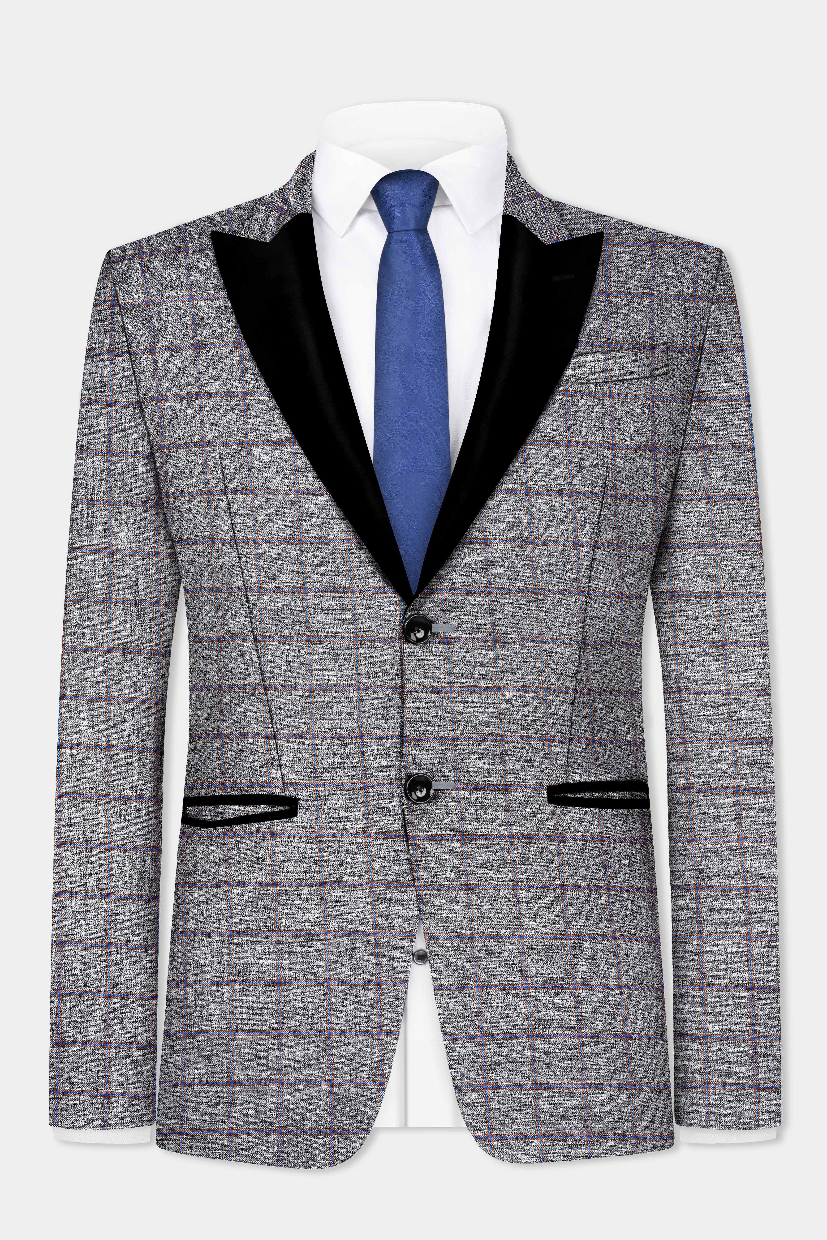 Smokey Gray Windowpane Wool Blend Peak Collar Tuxedo Suit