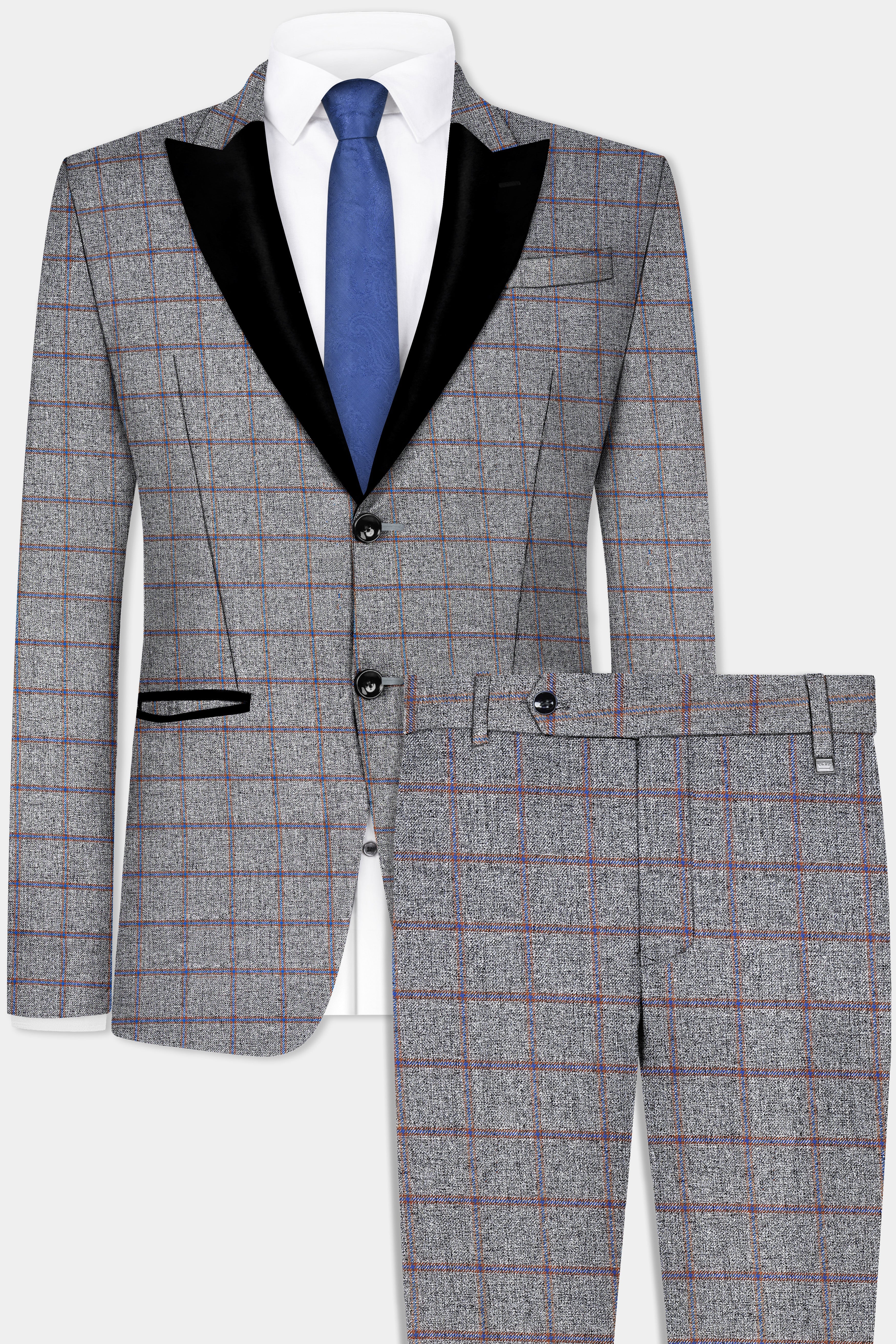 Smokey Gray Windowpane Wool Blend Peak Collar Tuxedo Suit