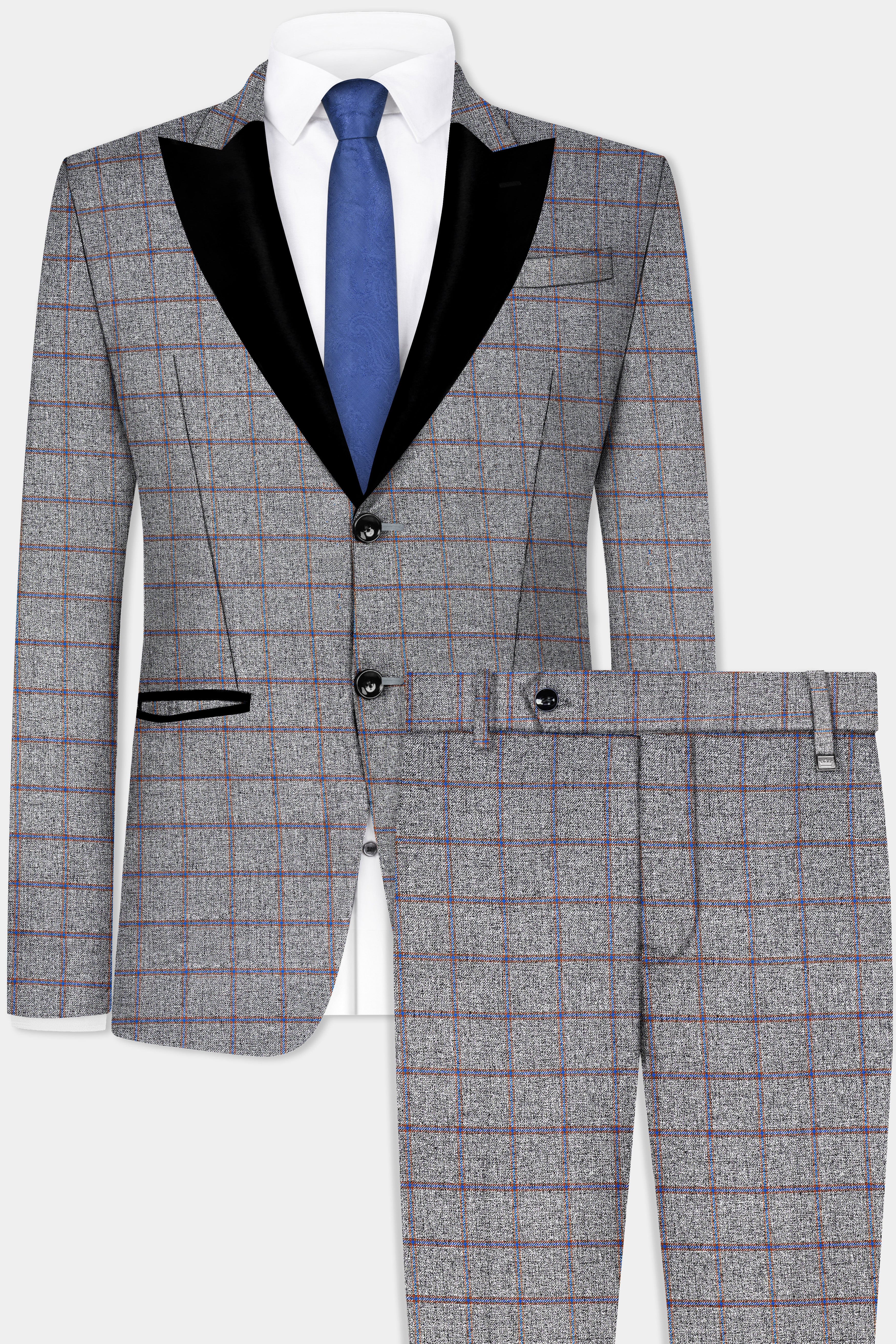 Smokey Gray Windowpane Wool Blend Peak Collar Tuxedo Suit