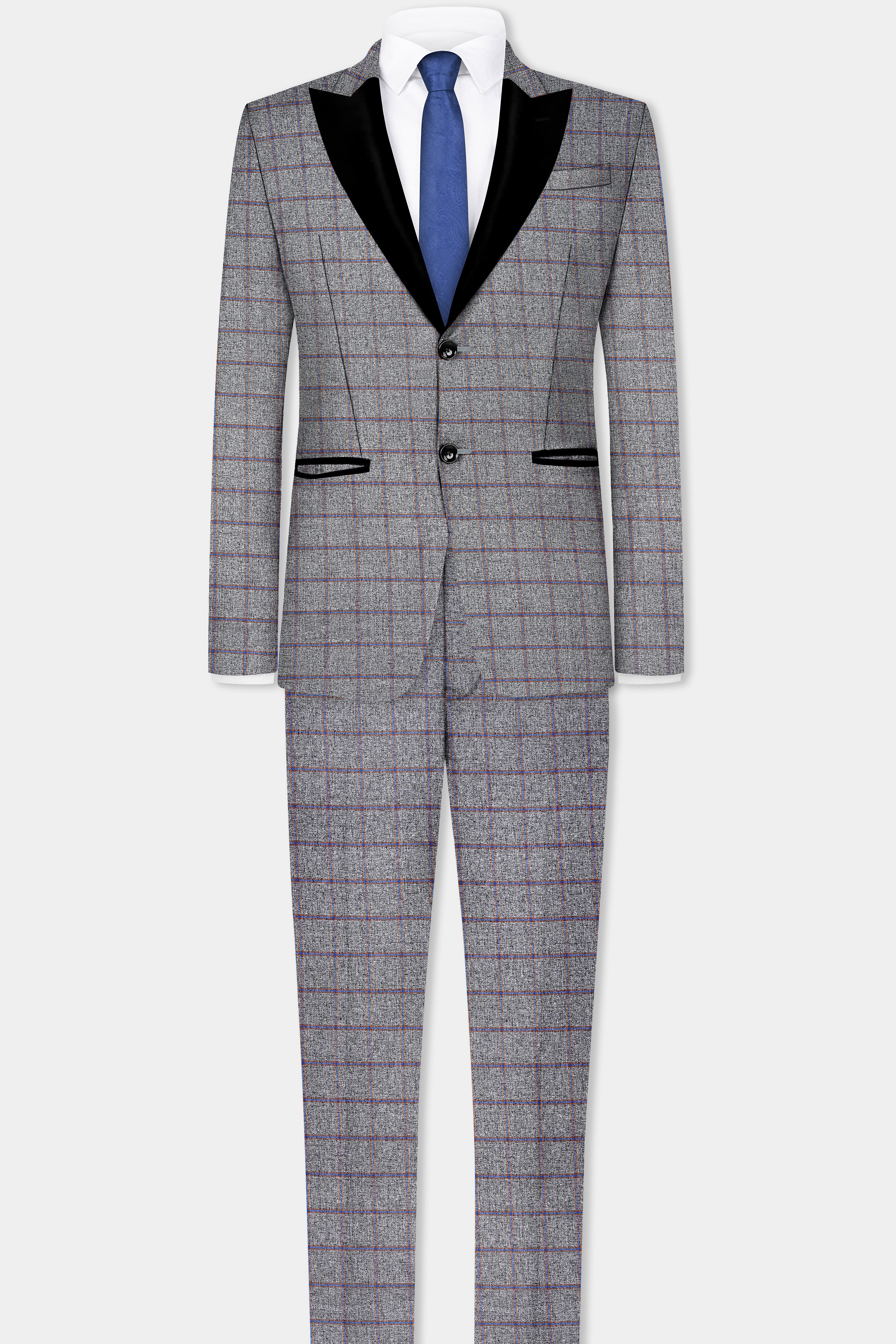 Smokey Gray Windowpane Wool Blend Peak Collar Tuxedo Suit