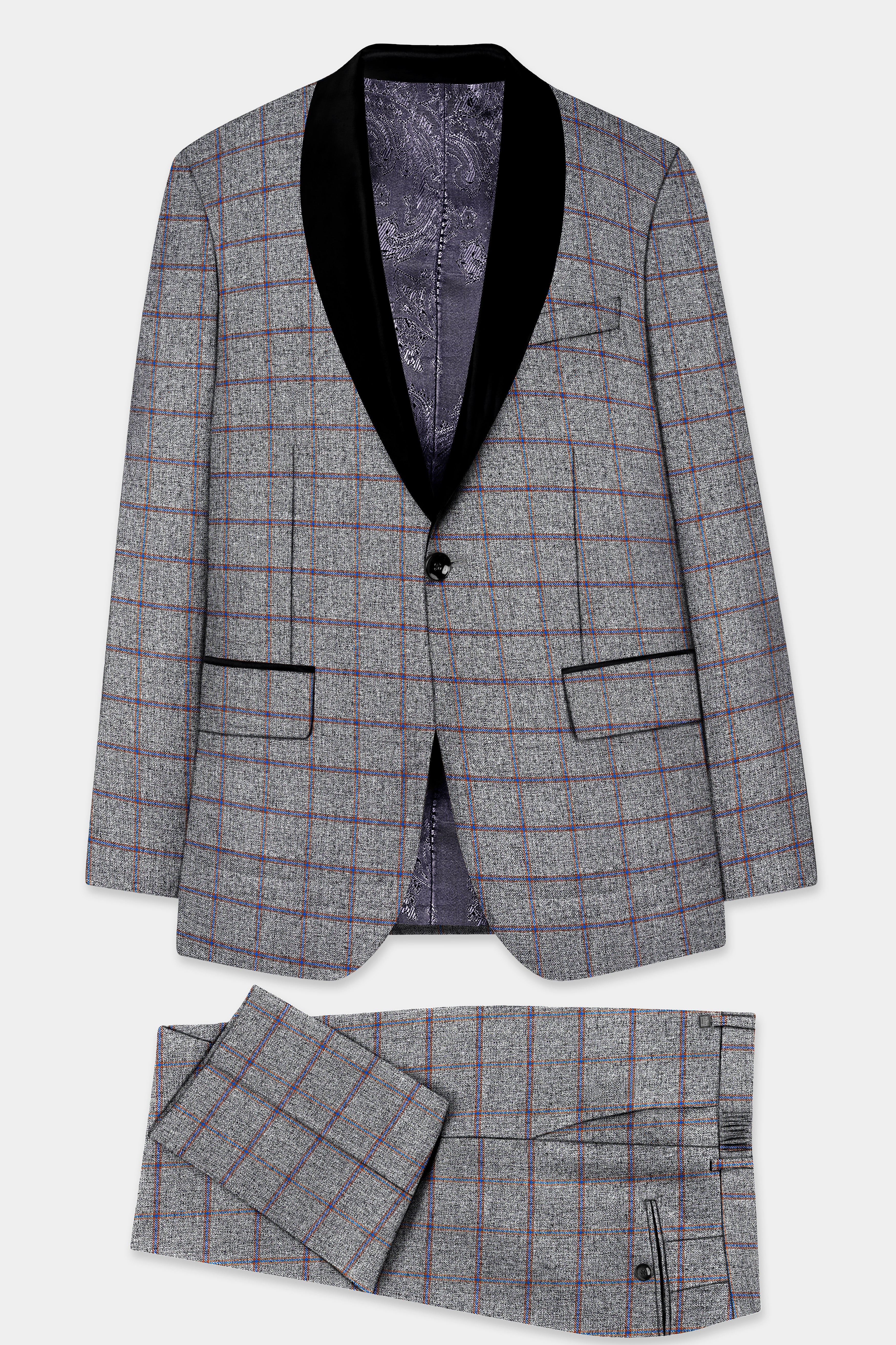 Smokey Gray Windowpane Wool Blend Tuxedo Suit