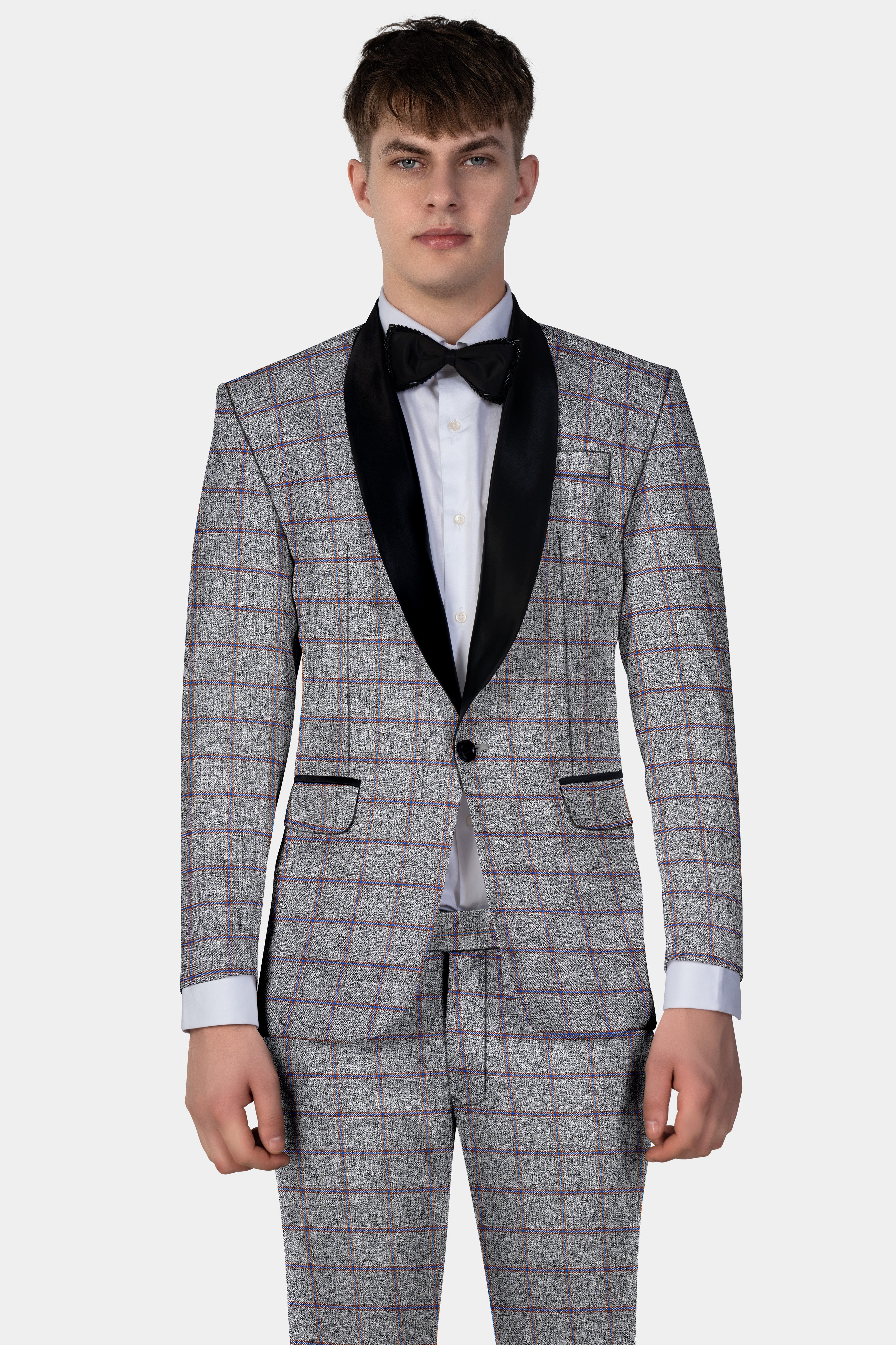 Smokey Gray Windowpane Wool Blend Tuxedo Suit