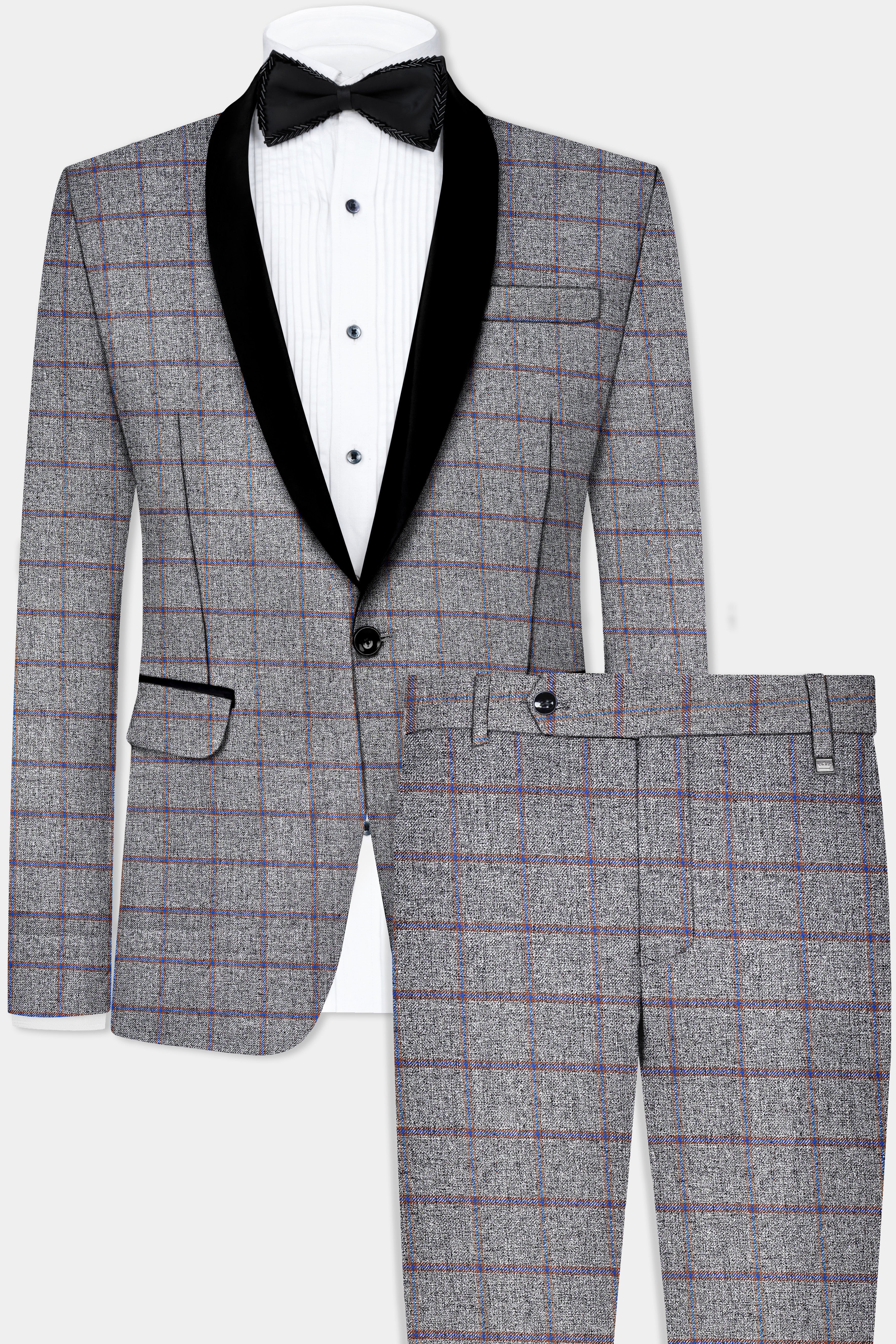 Smokey Gray Windowpane Wool Blend Tuxedo Suit