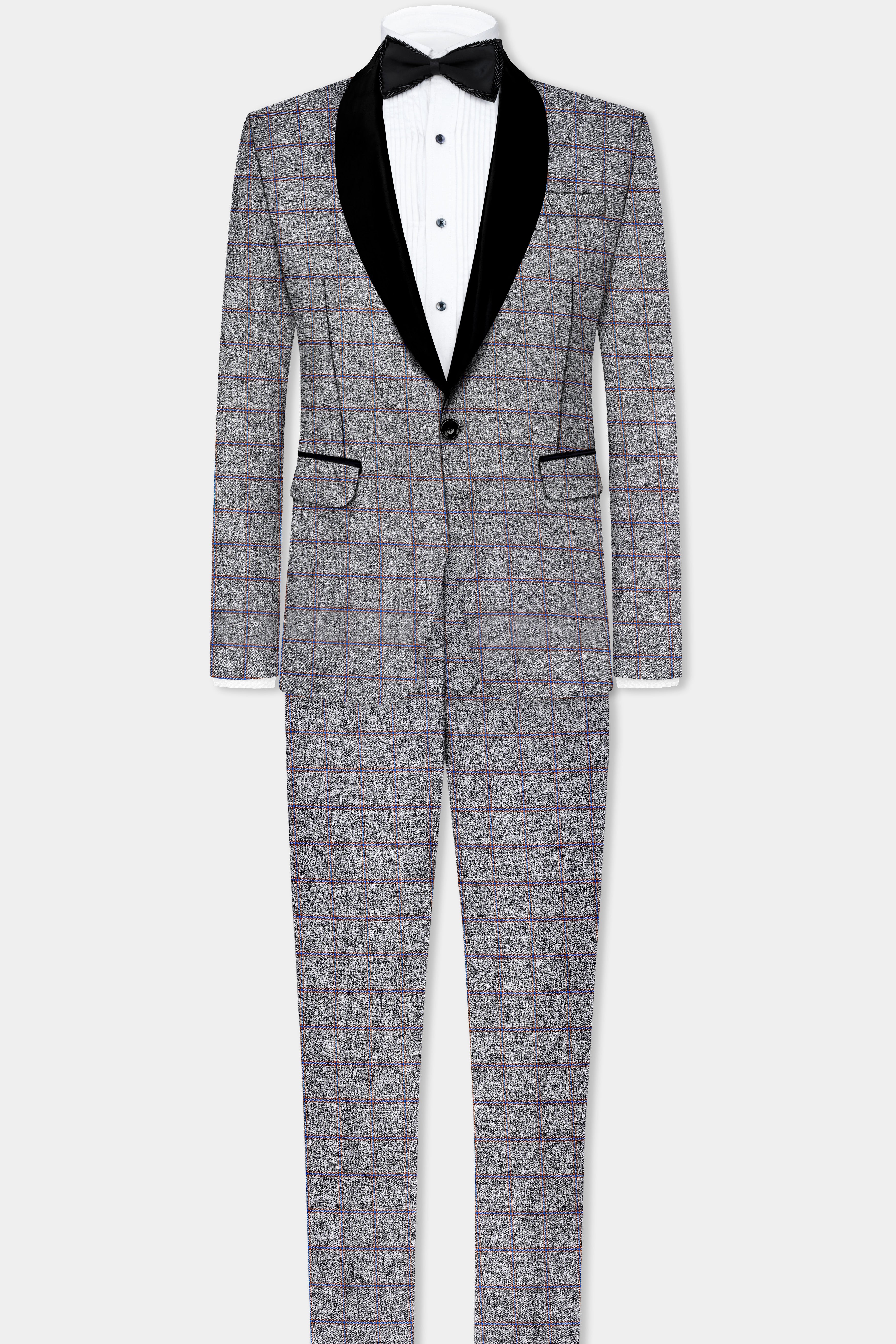 Smokey Gray Windowpane Wool Blend Tuxedo Suit