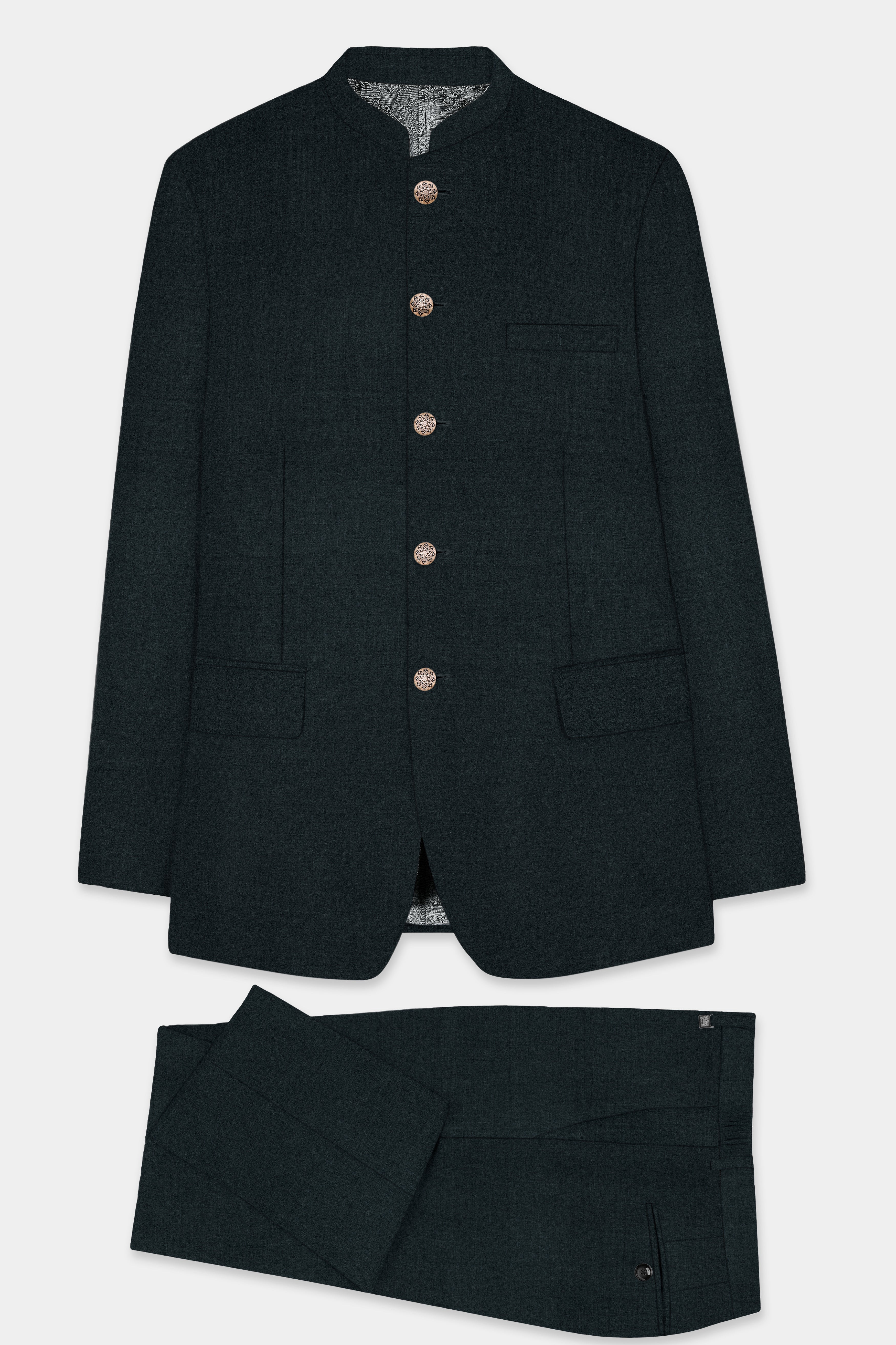 Racing Green Solid Wool Blend Bandhgala Suit