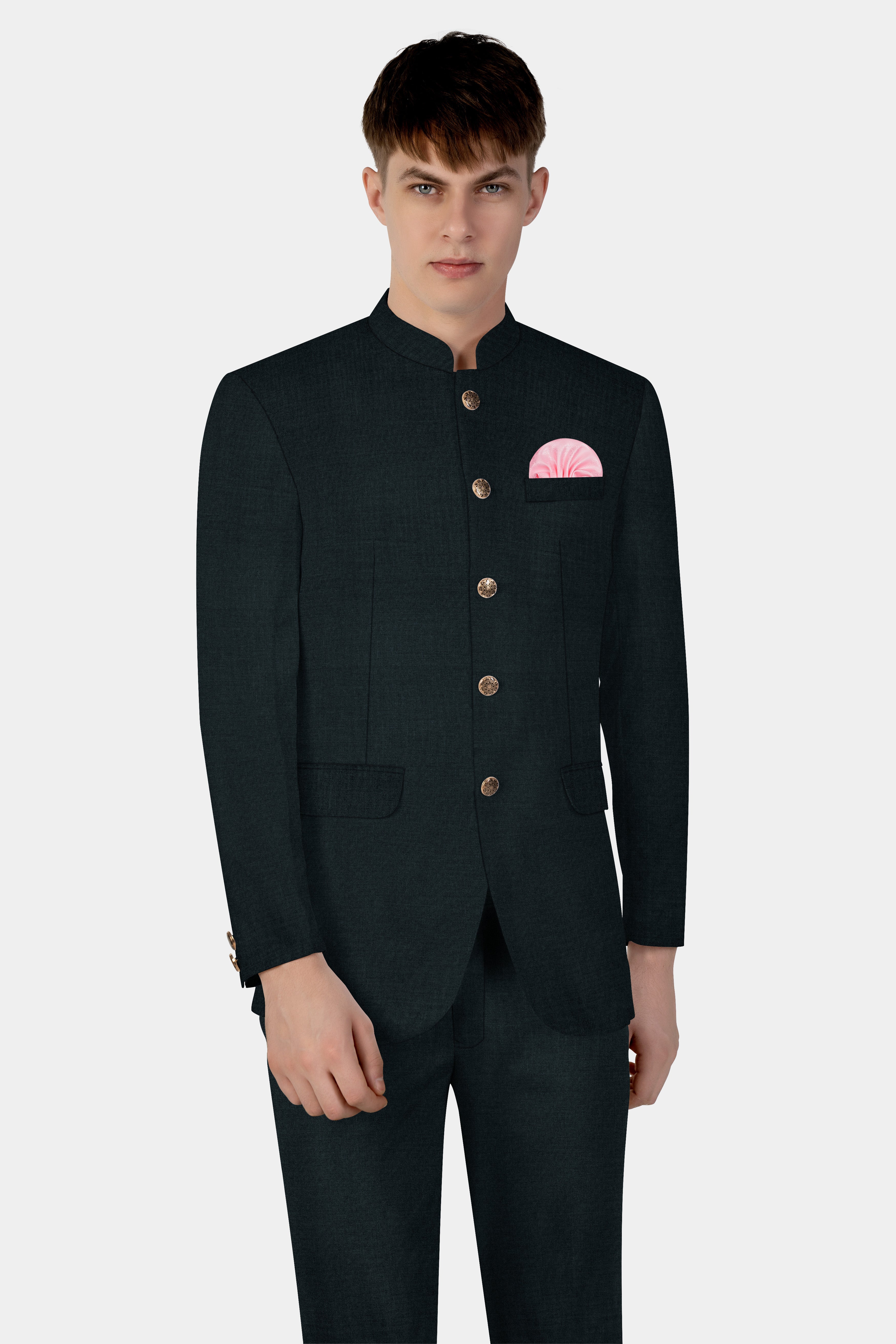 Racing Green Solid Wool Blend Bandhgala Suit