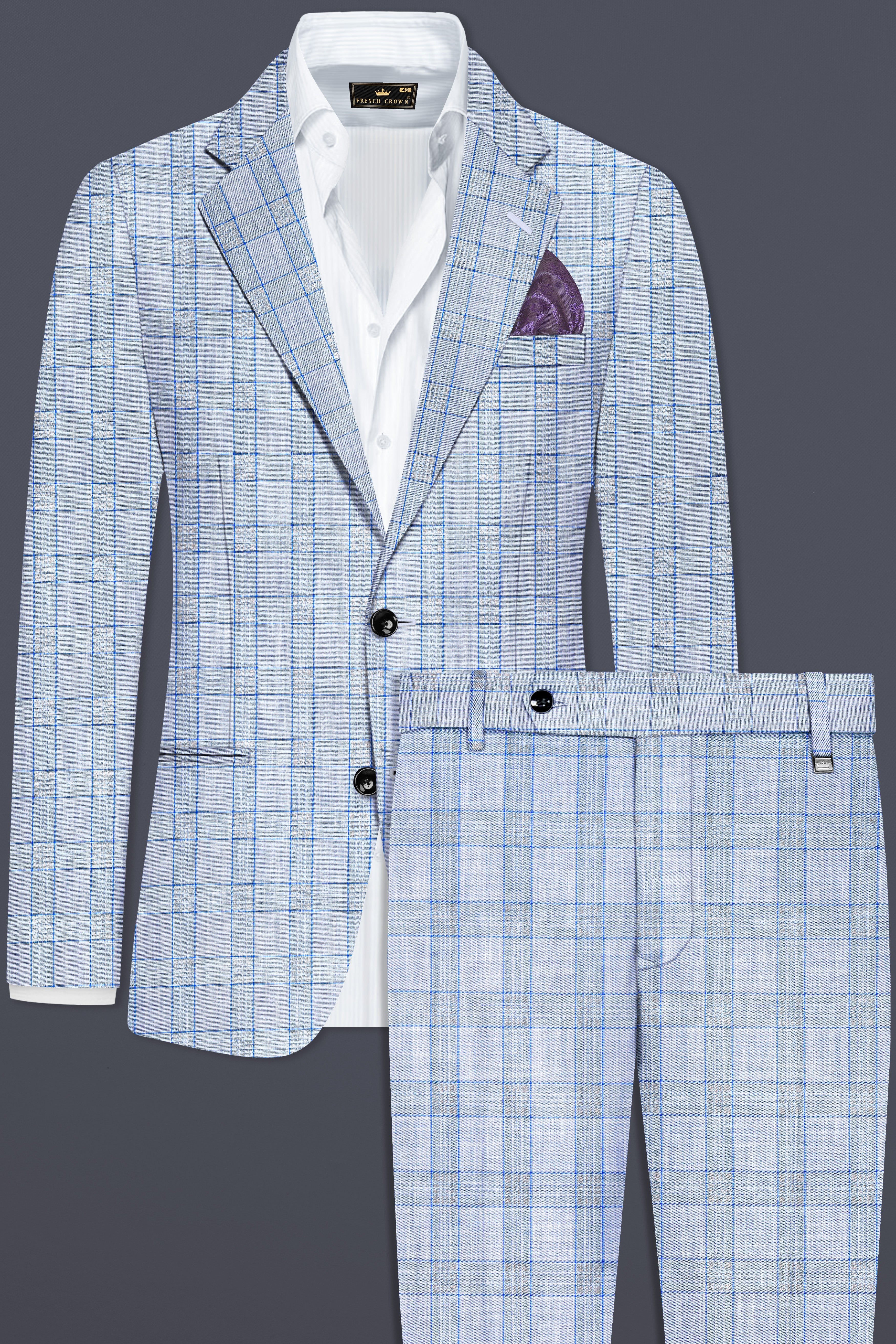 Carolina Blue Plaid Wool Blend Single Breasted Suit