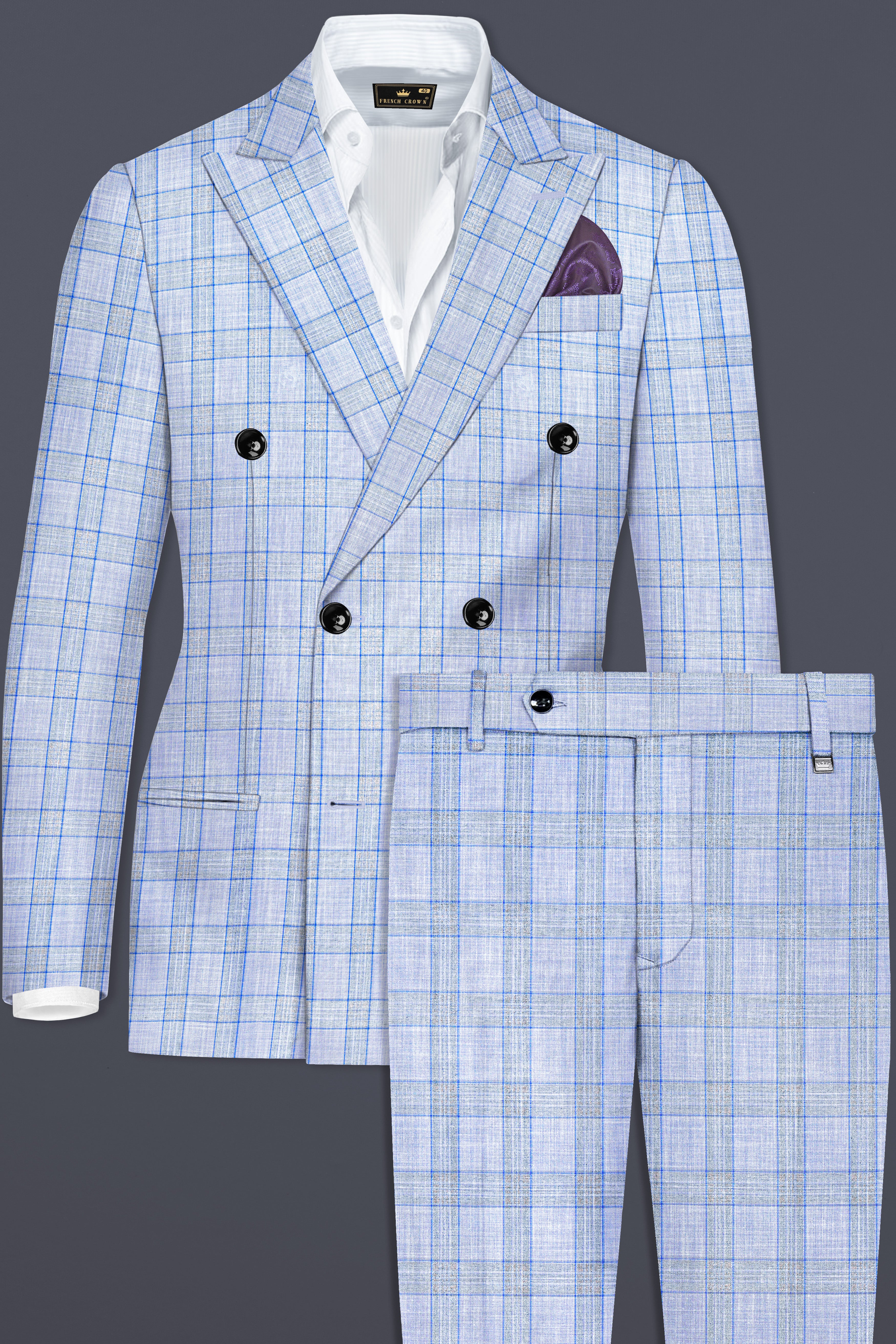 Carolina Blue Plaid Wool Blend Double Breasted Suit