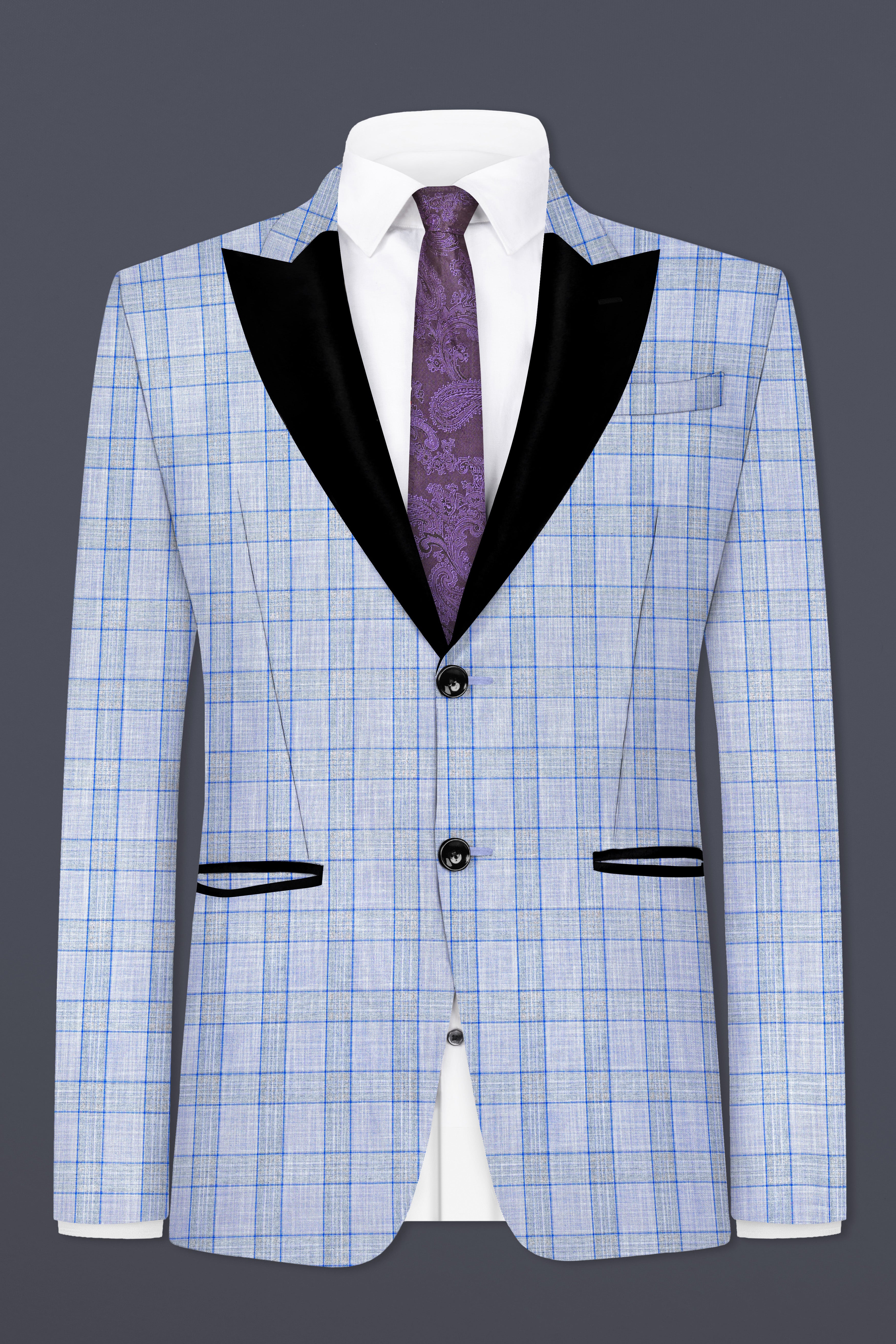 Carolina Blue Plaid Wool Blend Peak Collar Tuxedo Suit