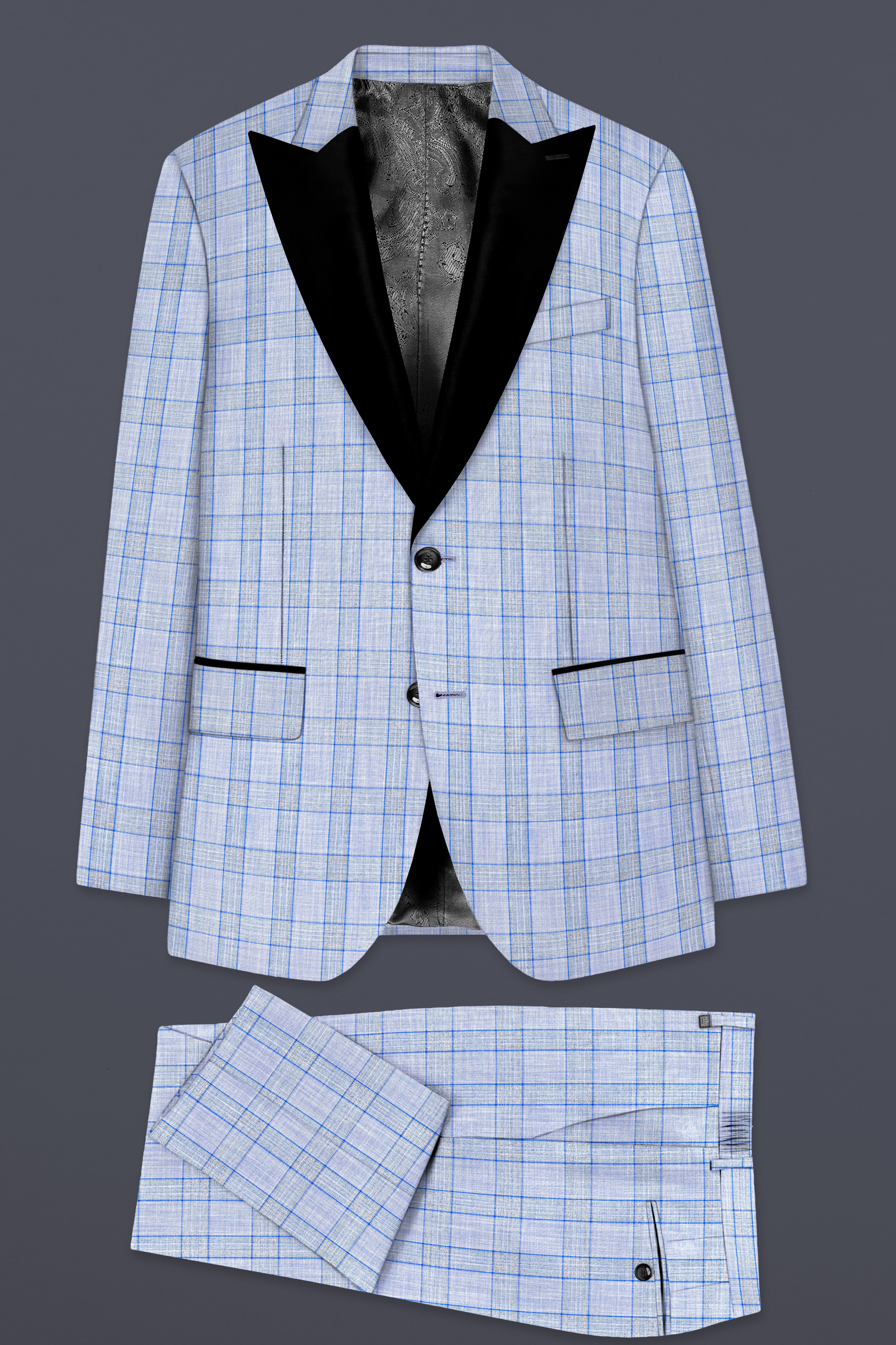 Carolina Blue Plaid Wool Blend Peak Collar Tuxedo Suit