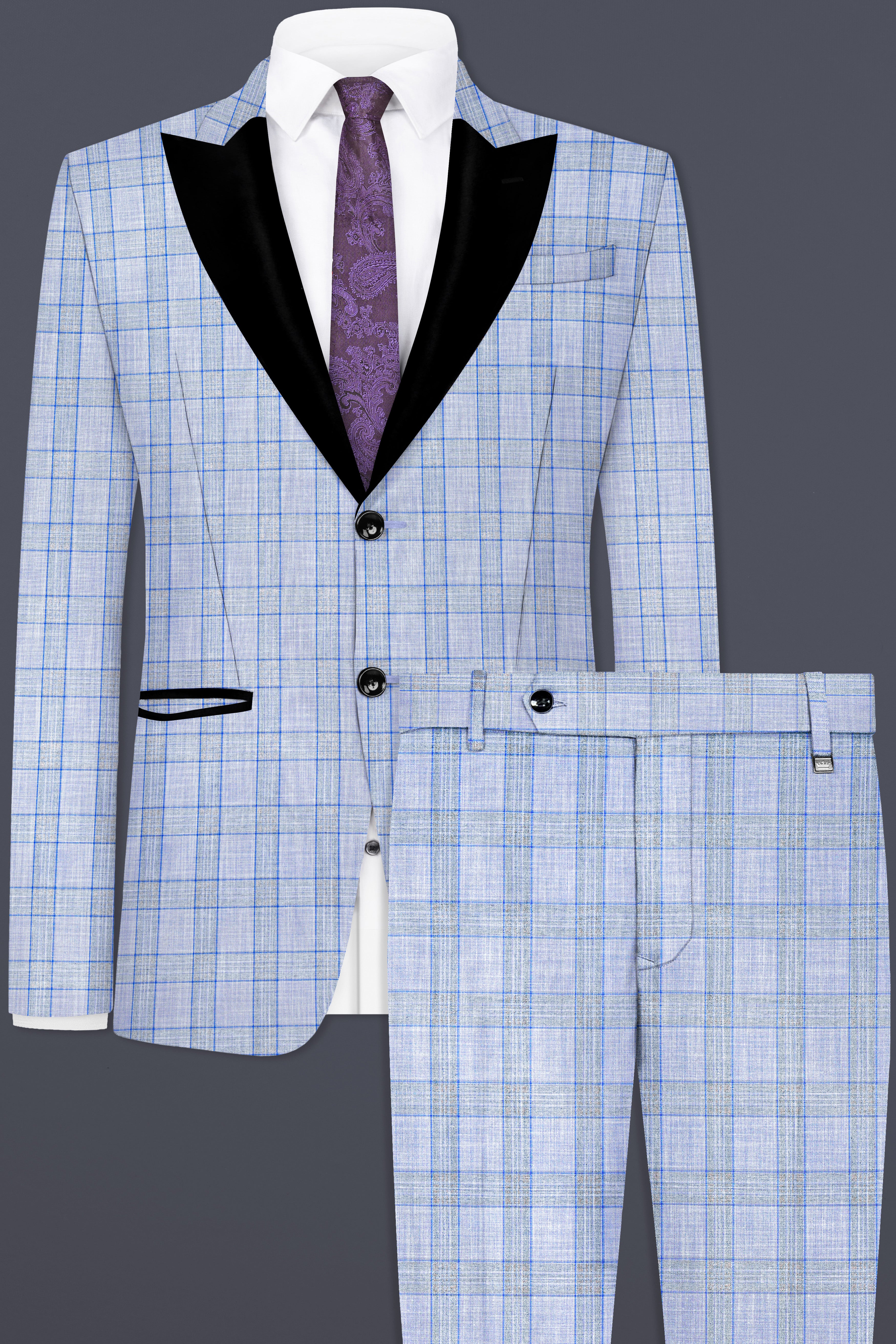 Carolina Blue Plaid Wool Blend Peak Collar Tuxedo Suit