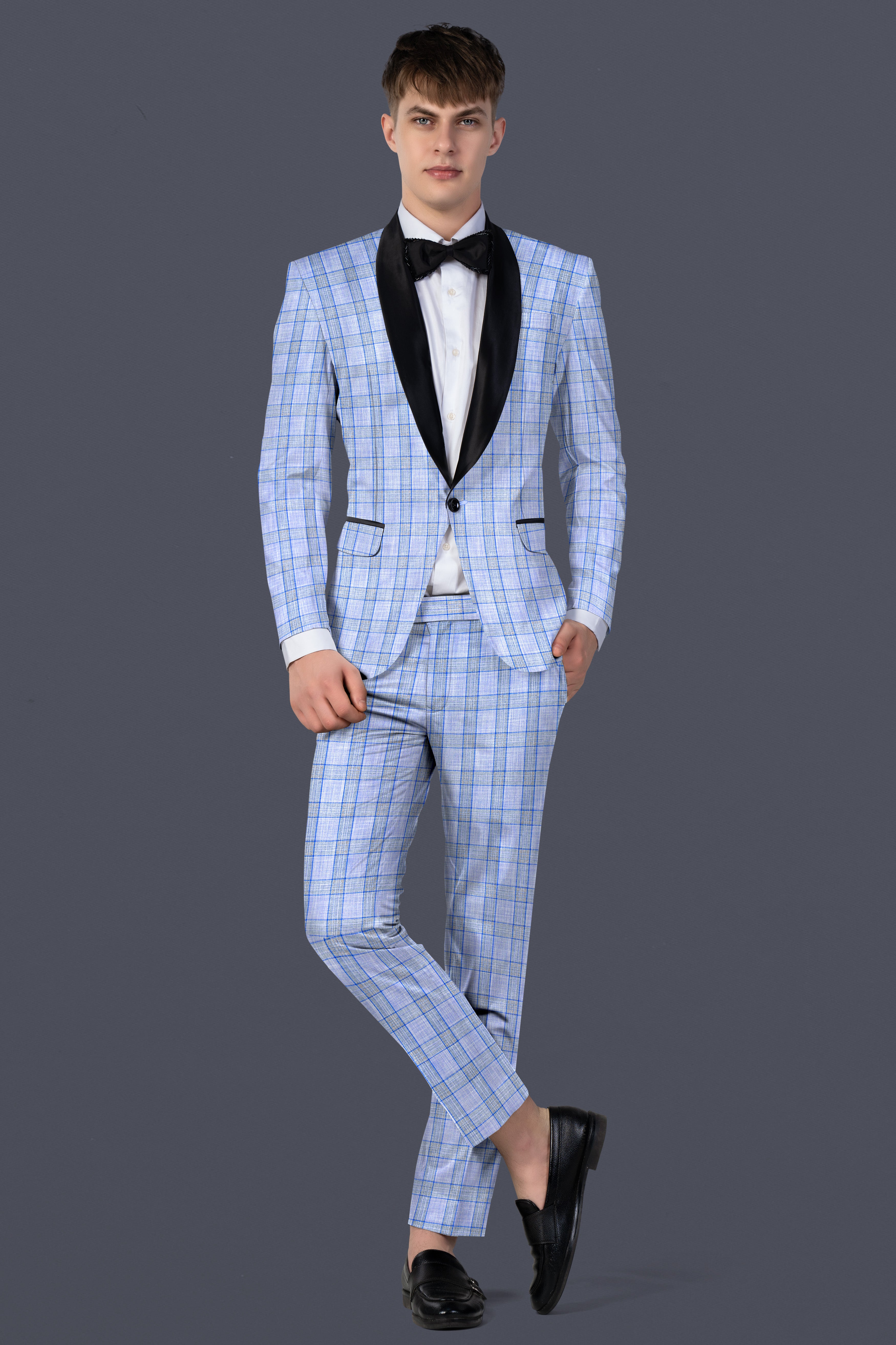 Carolina Blue Plaid Wool Blend Tuxedo Suit