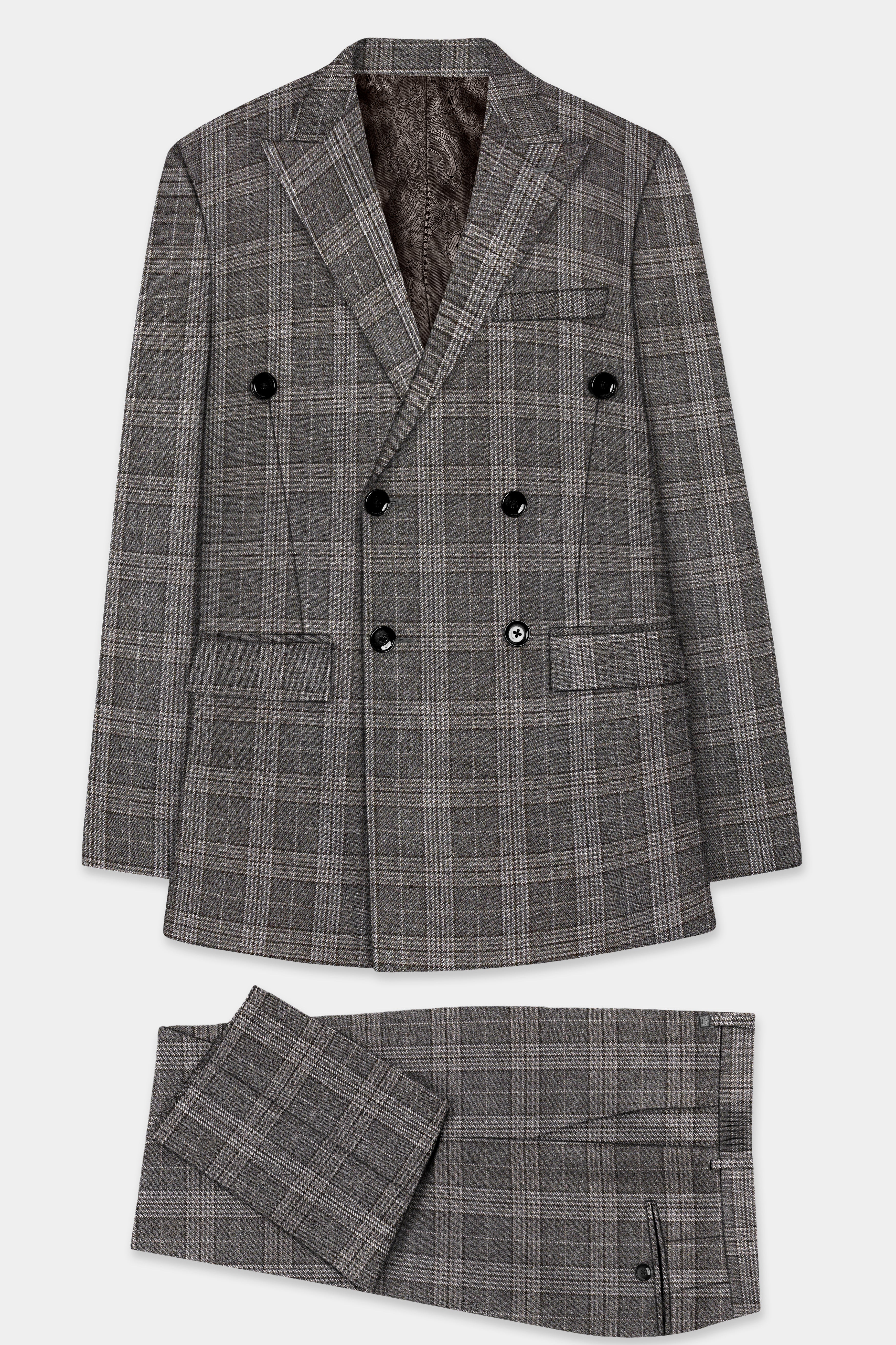 Iridium Gray Plaid Tweed Wool Blend Double Breasted Suit