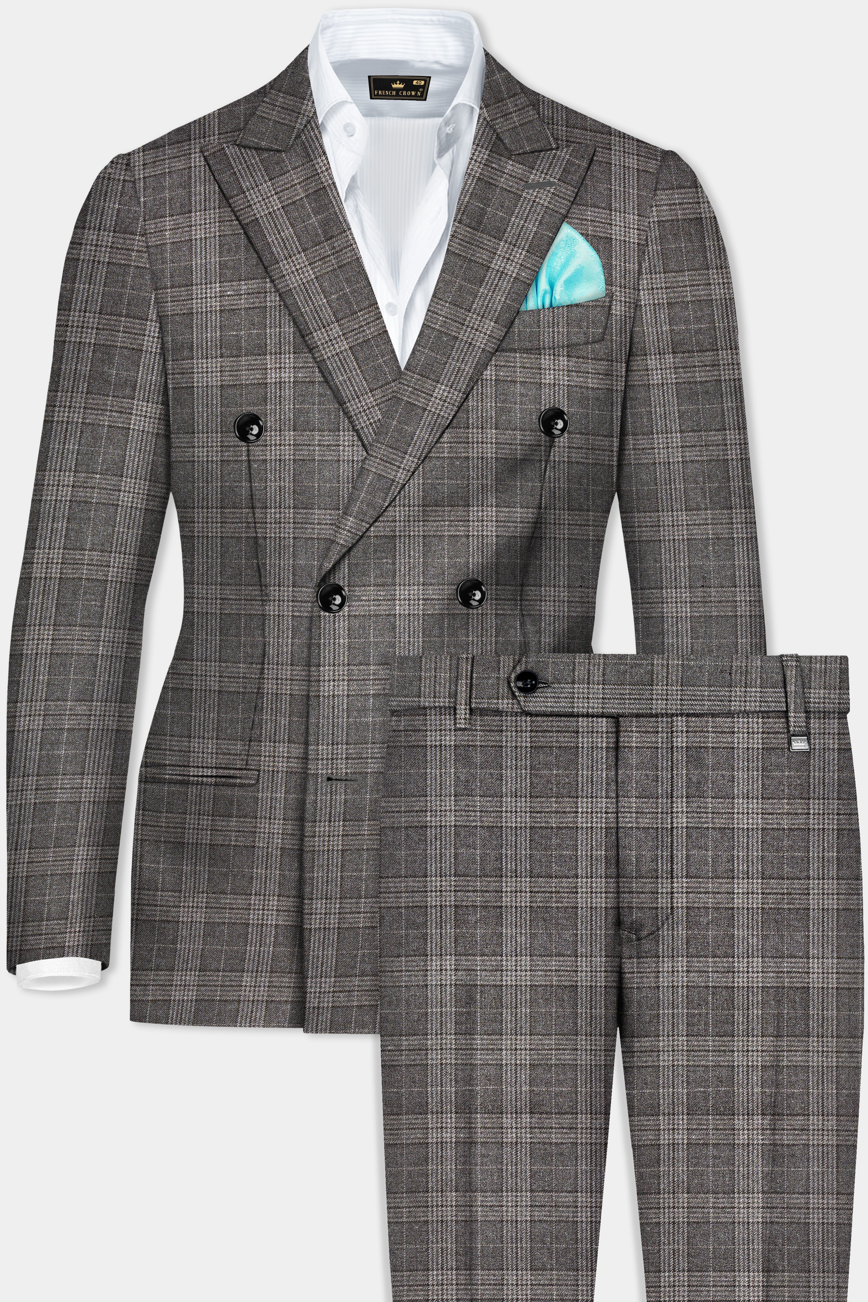 Iridium Gray Plaid Tweed Wool Blend Double Breasted Suit