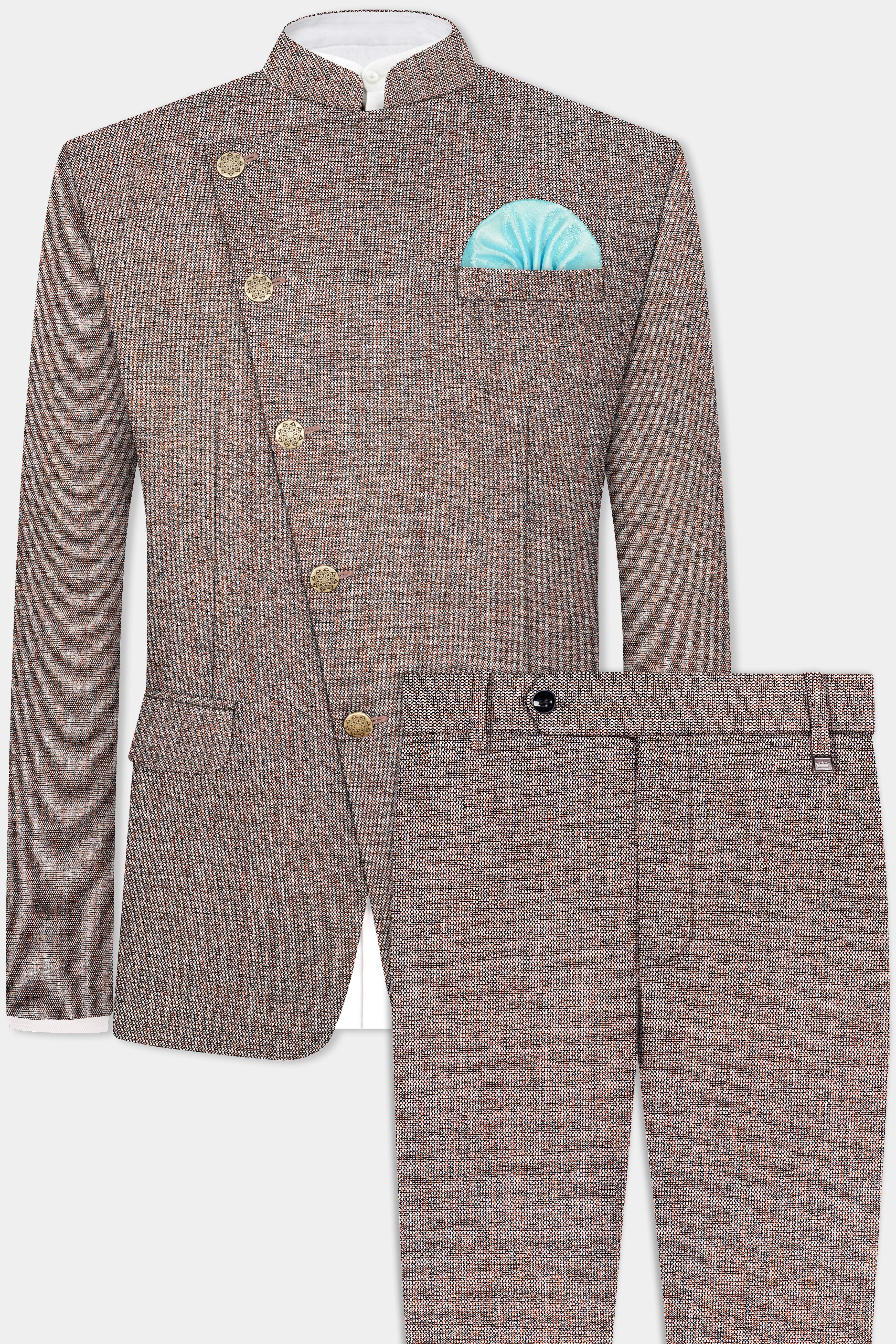 Ferra Brown Textured Cross Placket Bandhgala Suit