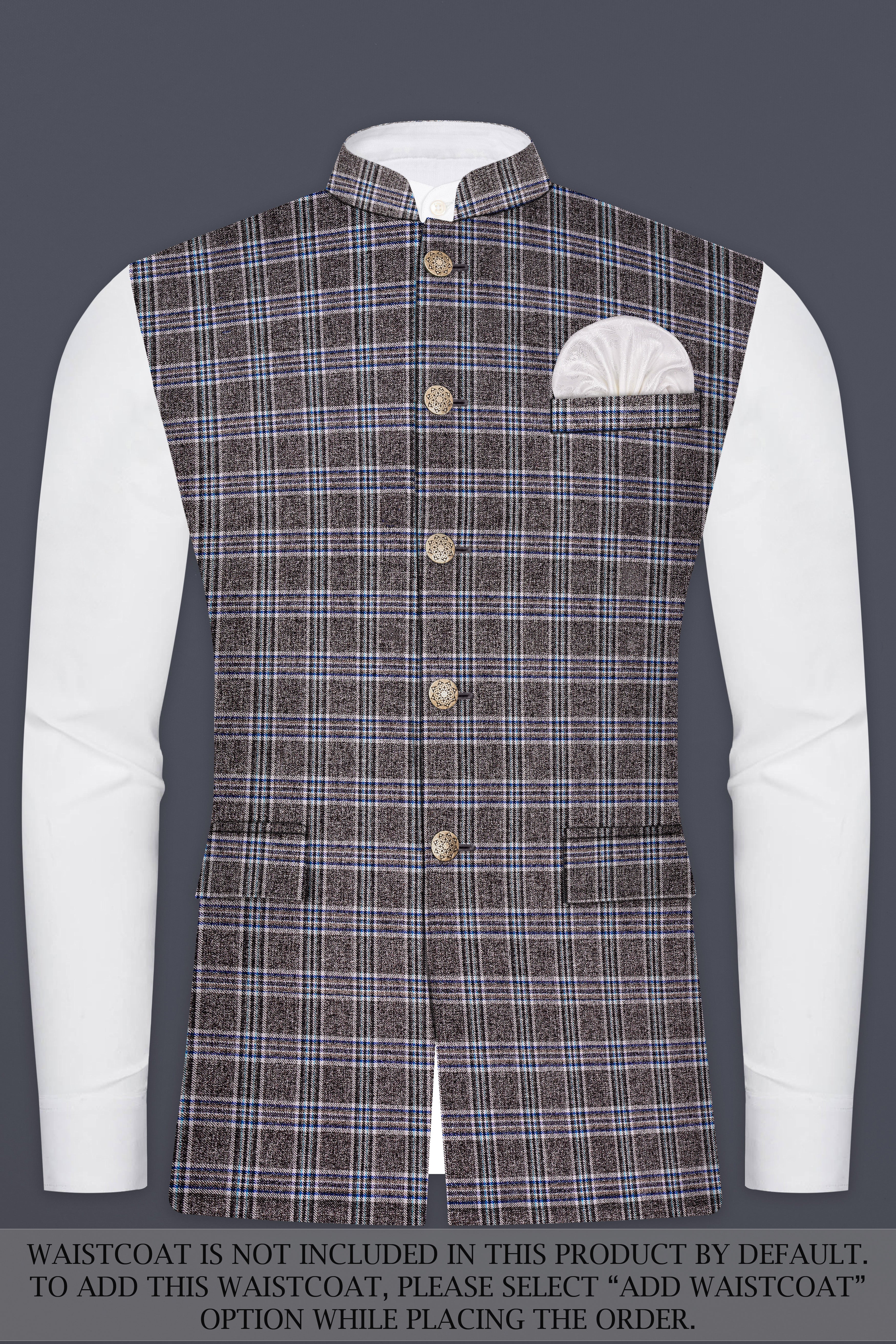 Ironside Grey Plaid Wool Blend Bandhgala Suit