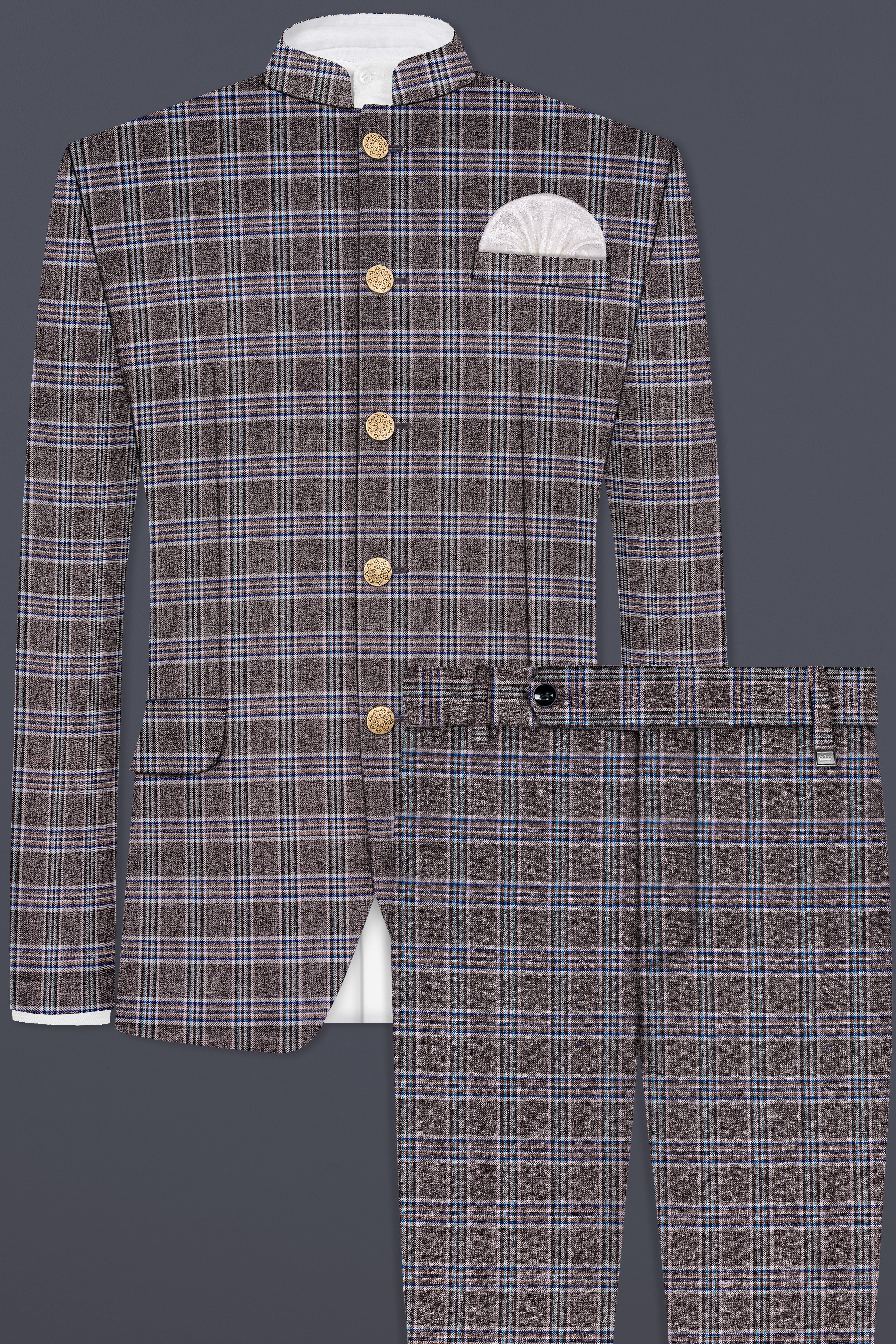 Ironside Grey Plaid Wool Blend Bandhgala Suit