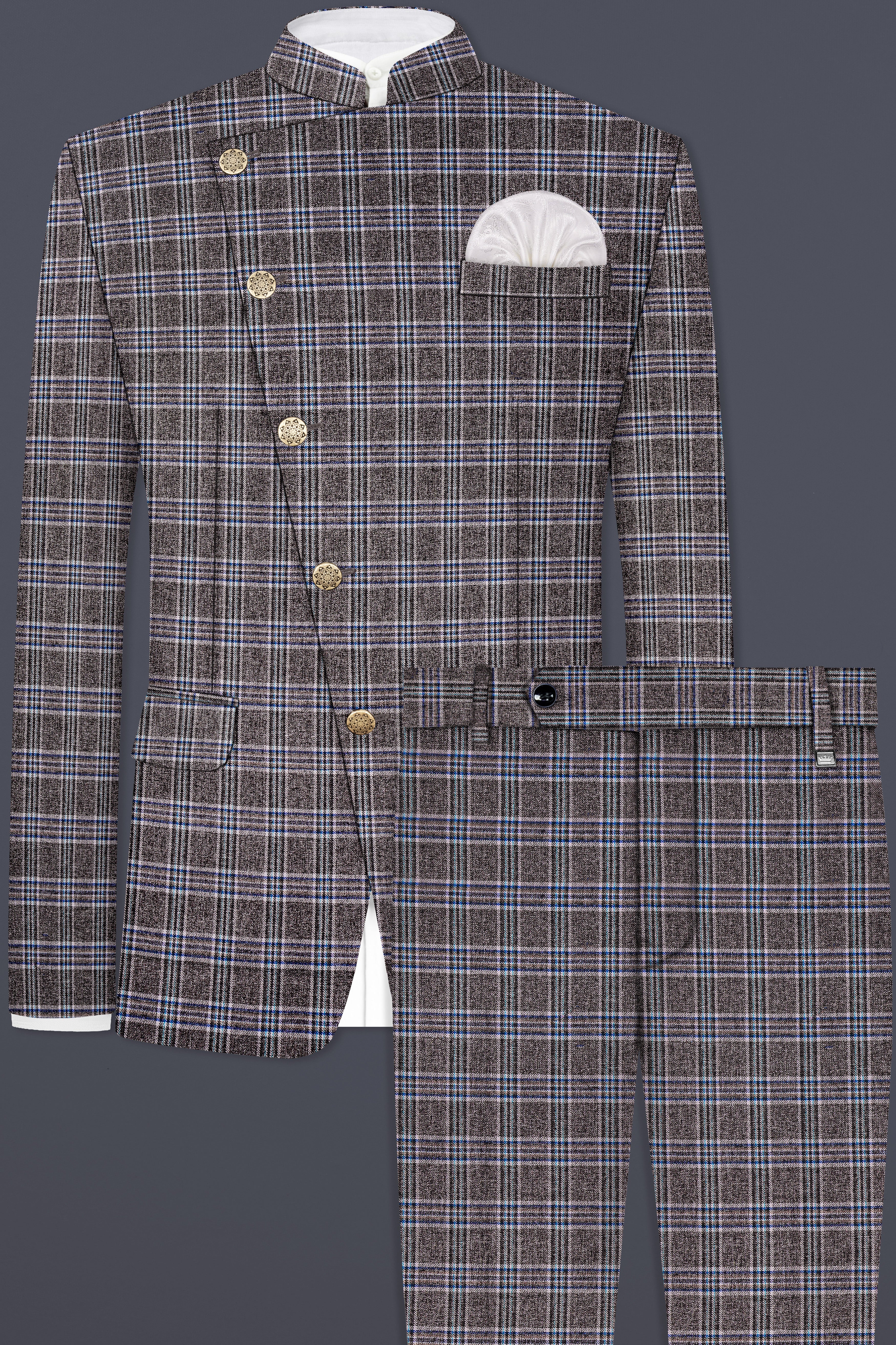 Ironside Grey Plaid Wool Blend Cross Placket Bandhgala Suit