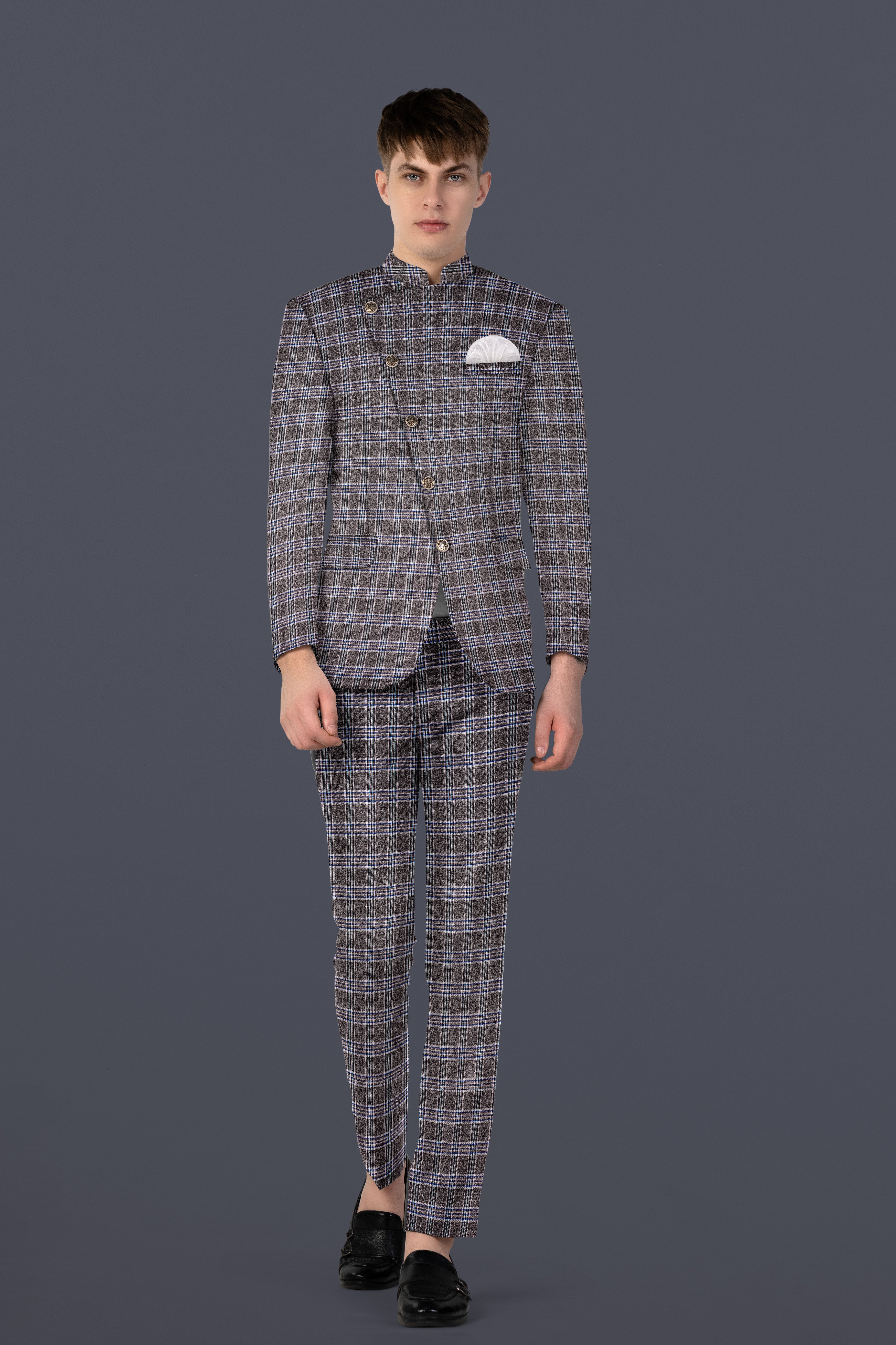 Ironside Grey Plaid Wool Blend Cross Placket Bandhgala Suit