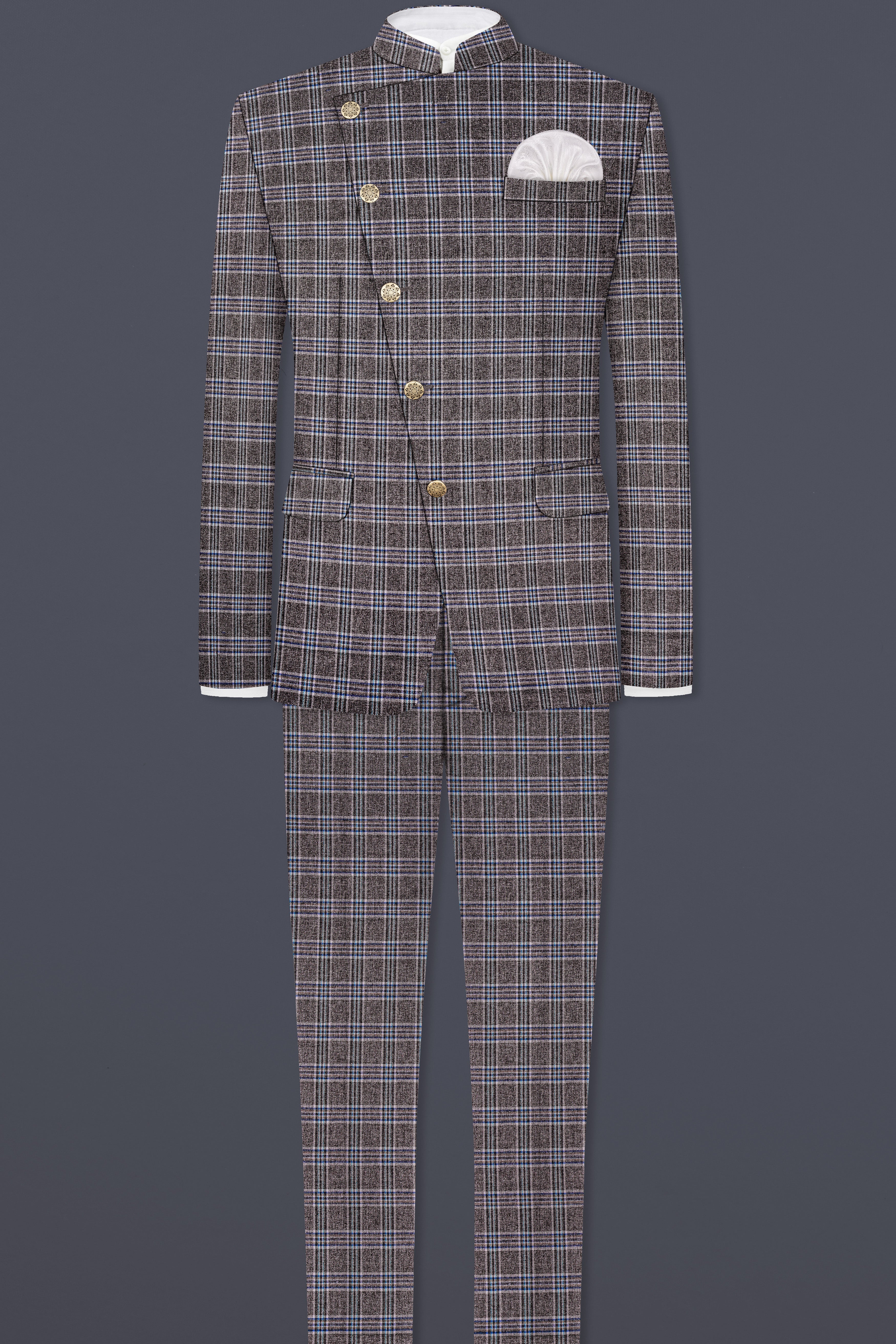 Ironside Grey Plaid Wool Blend Cross Placket Bandhgala Suit