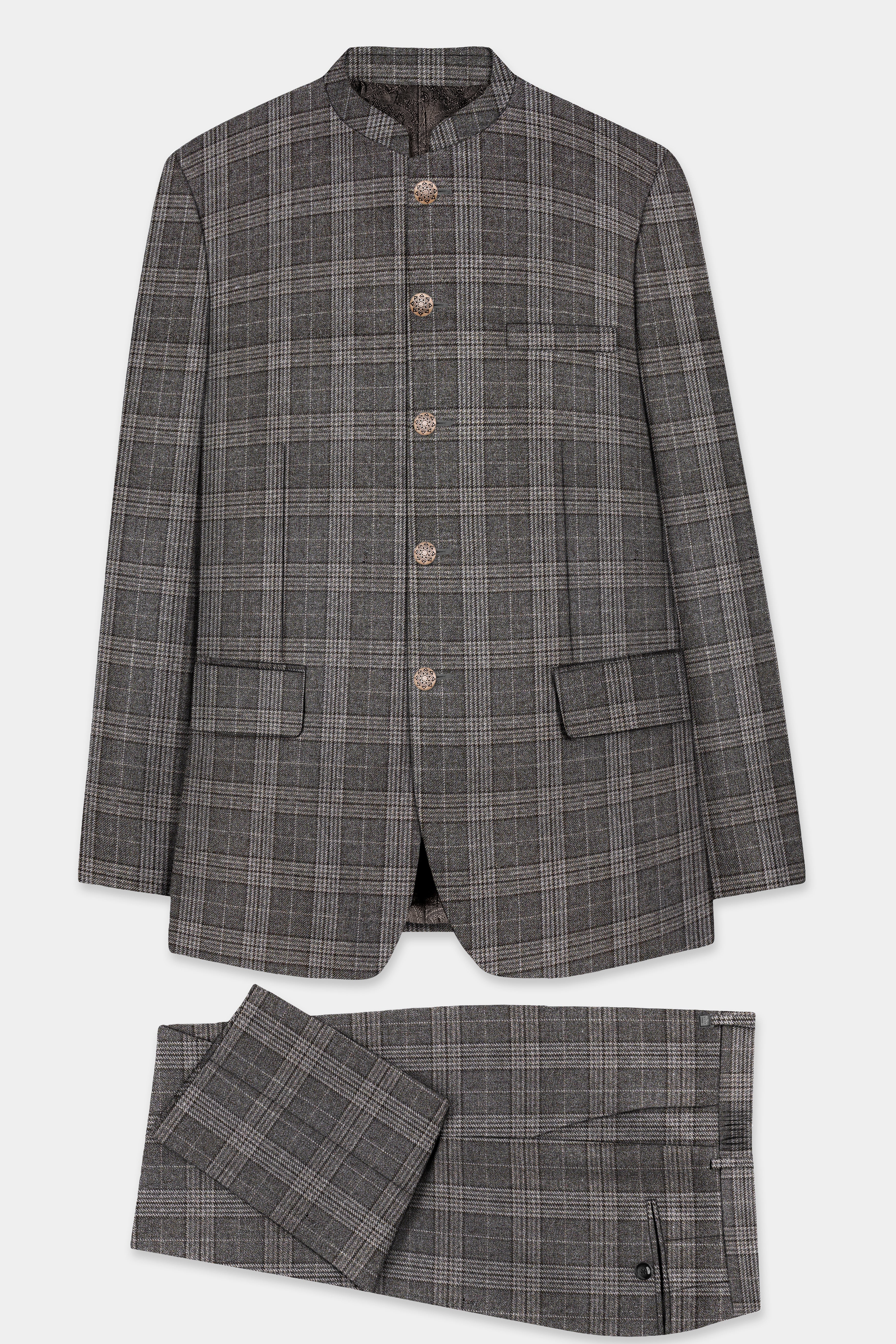 Iridium Gray Plaid Tweed Wool Blend Bandhgala Suit