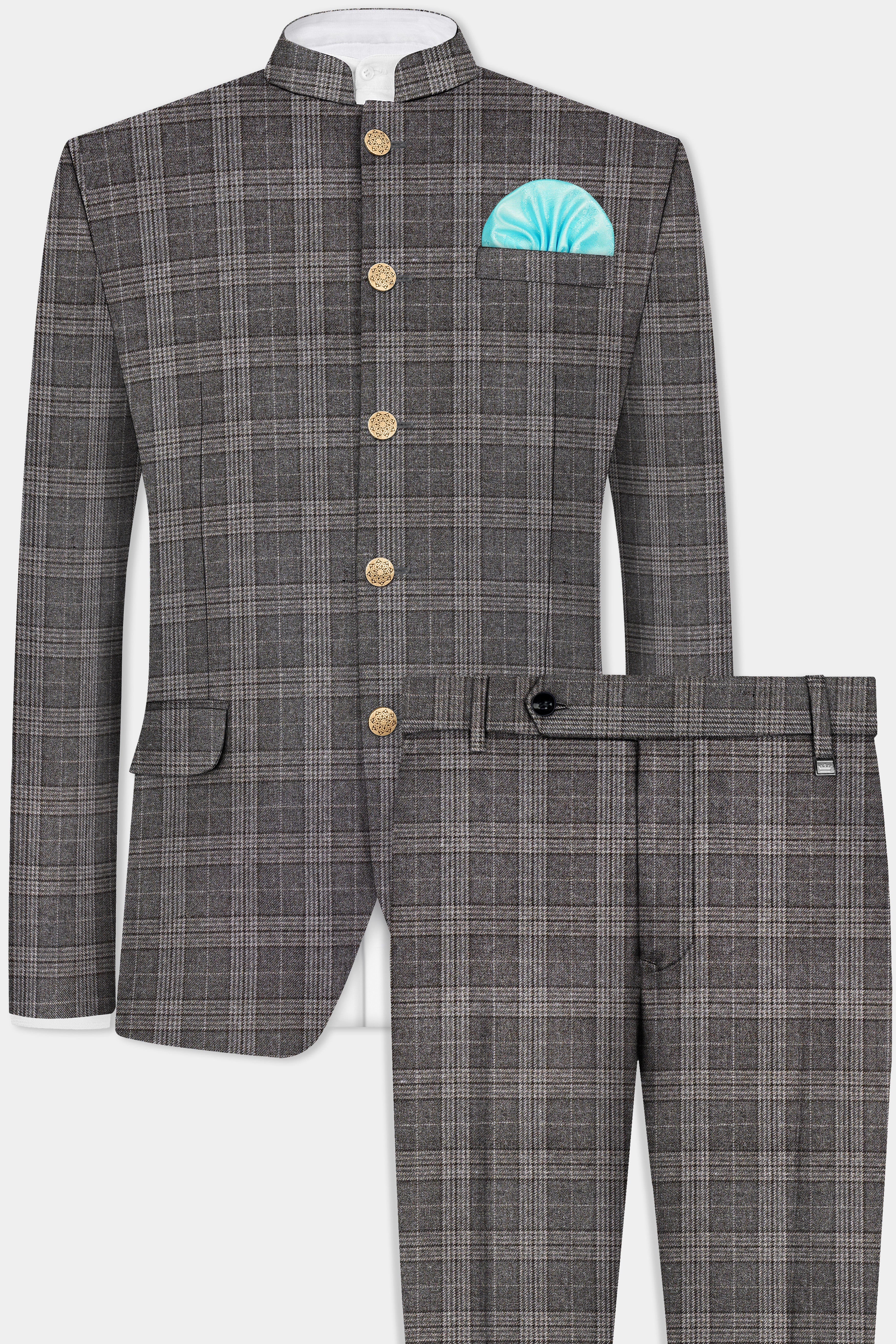 Iridium Gray Plaid Tweed Wool Blend Bandhgala Suit