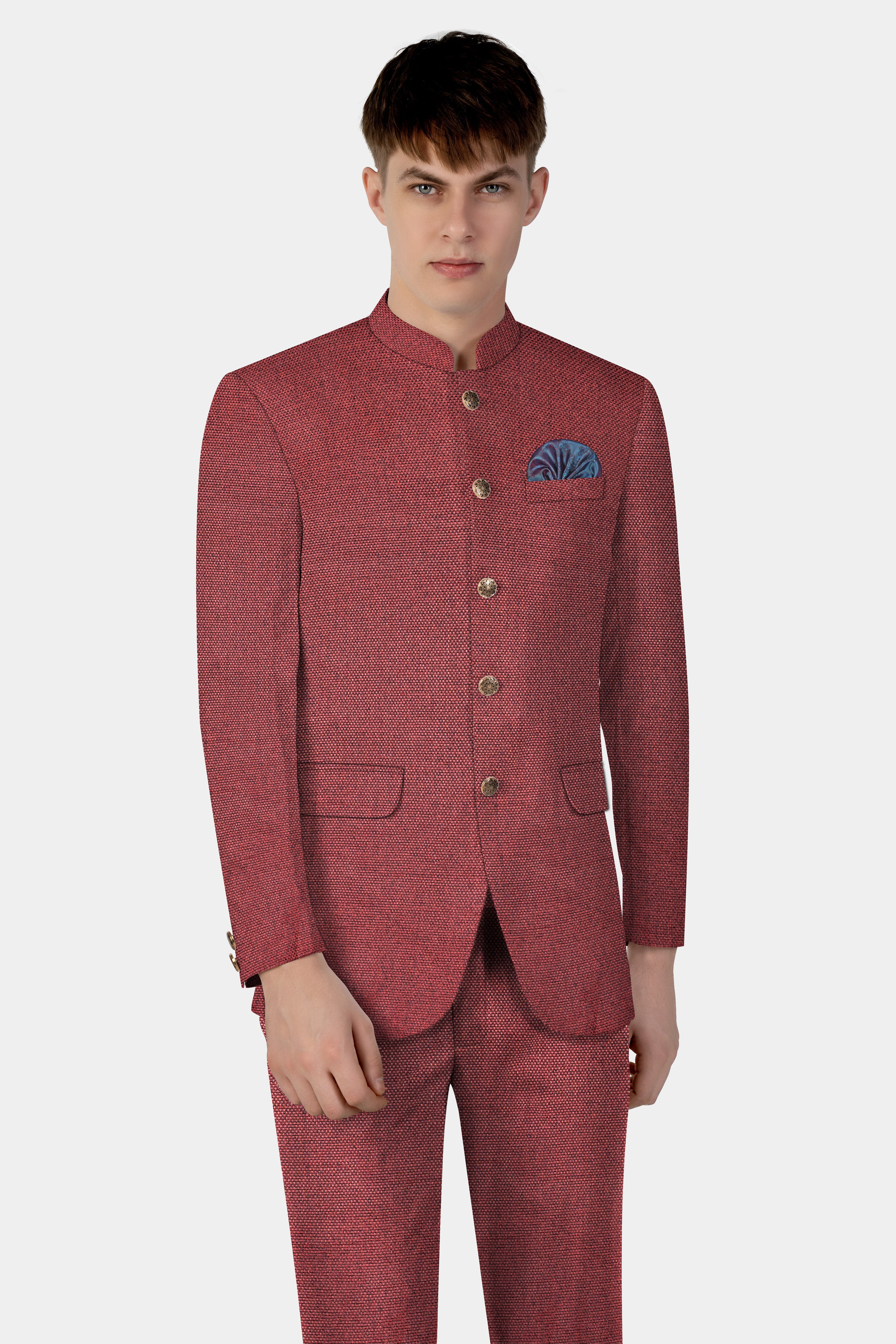 Merlot Red Textured Bandhgala Suit