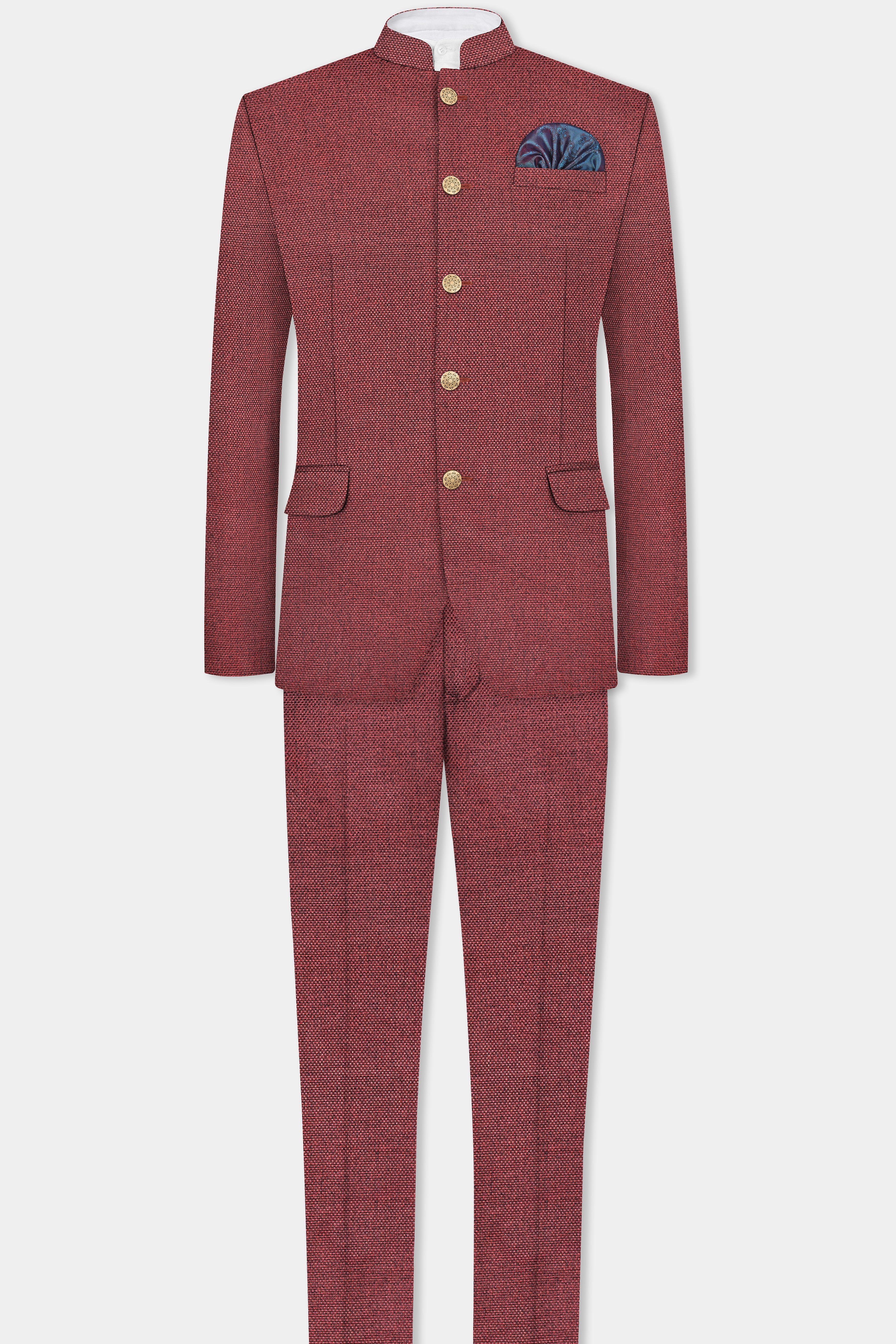 Merlot Red Textured Bandhgala Suit