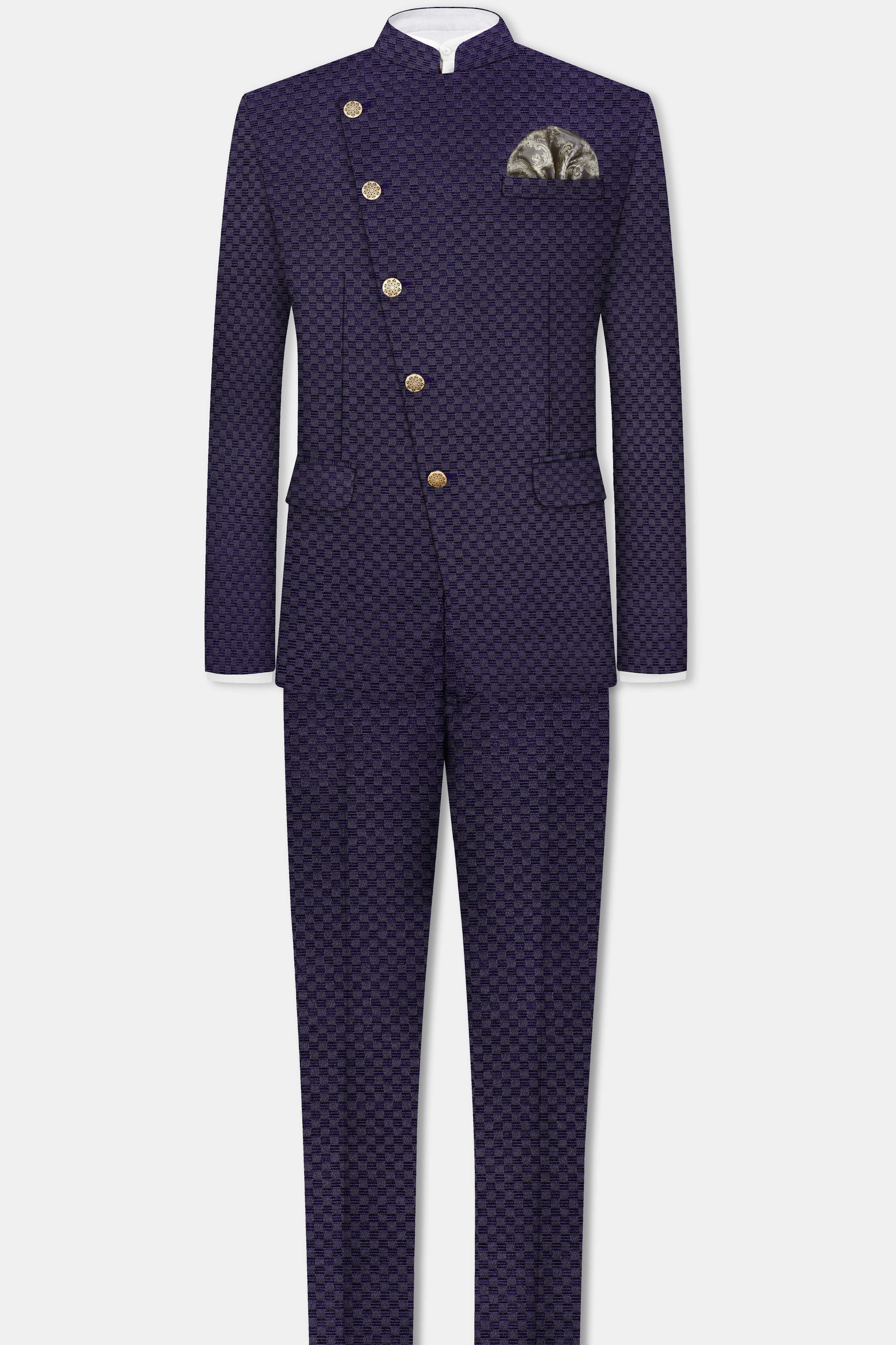 Ebony Purple Jacquard textured Cross Placket Bandhgala Suit