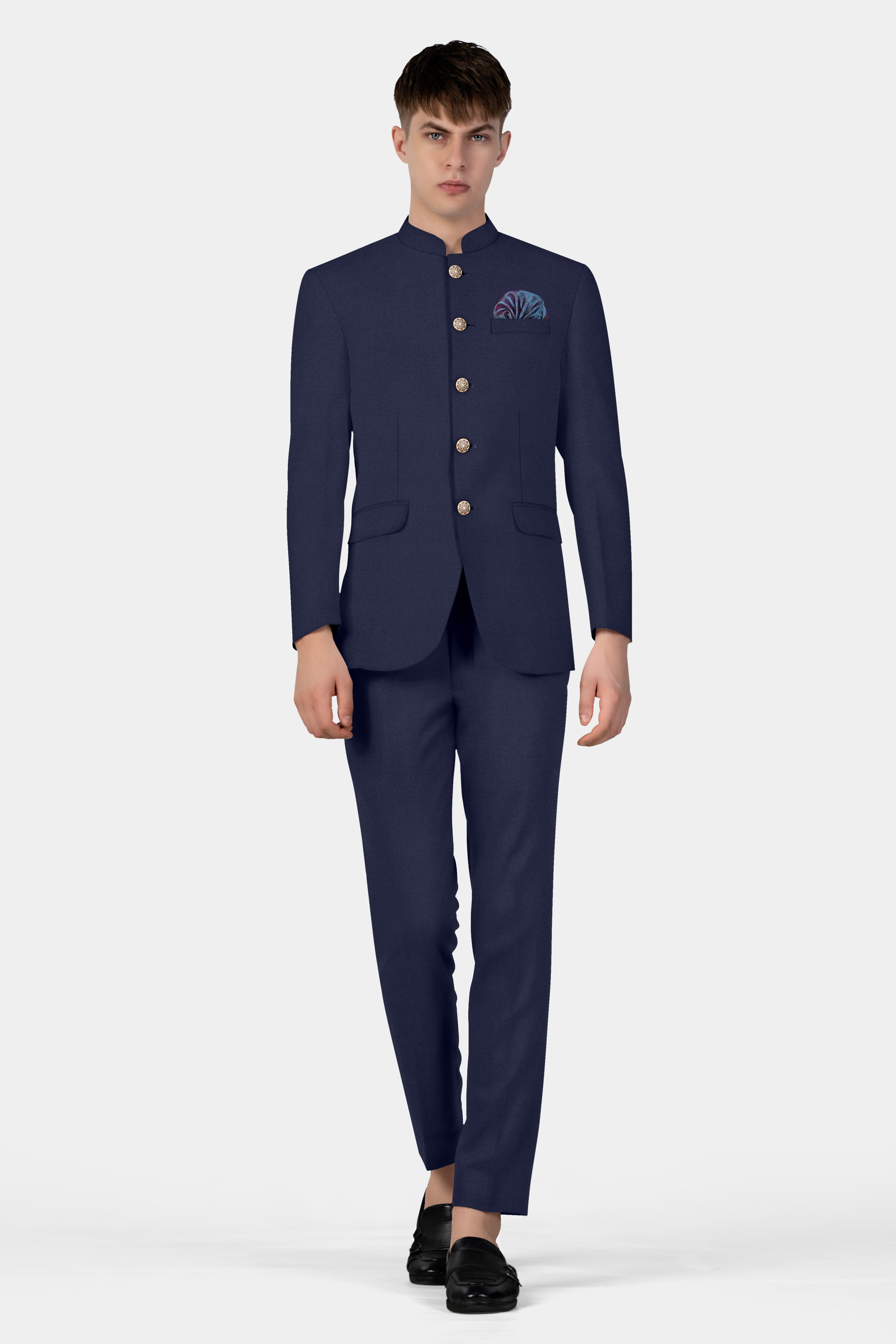 Space Cadet Blue Solid Wool Blend Bandhgala Suit