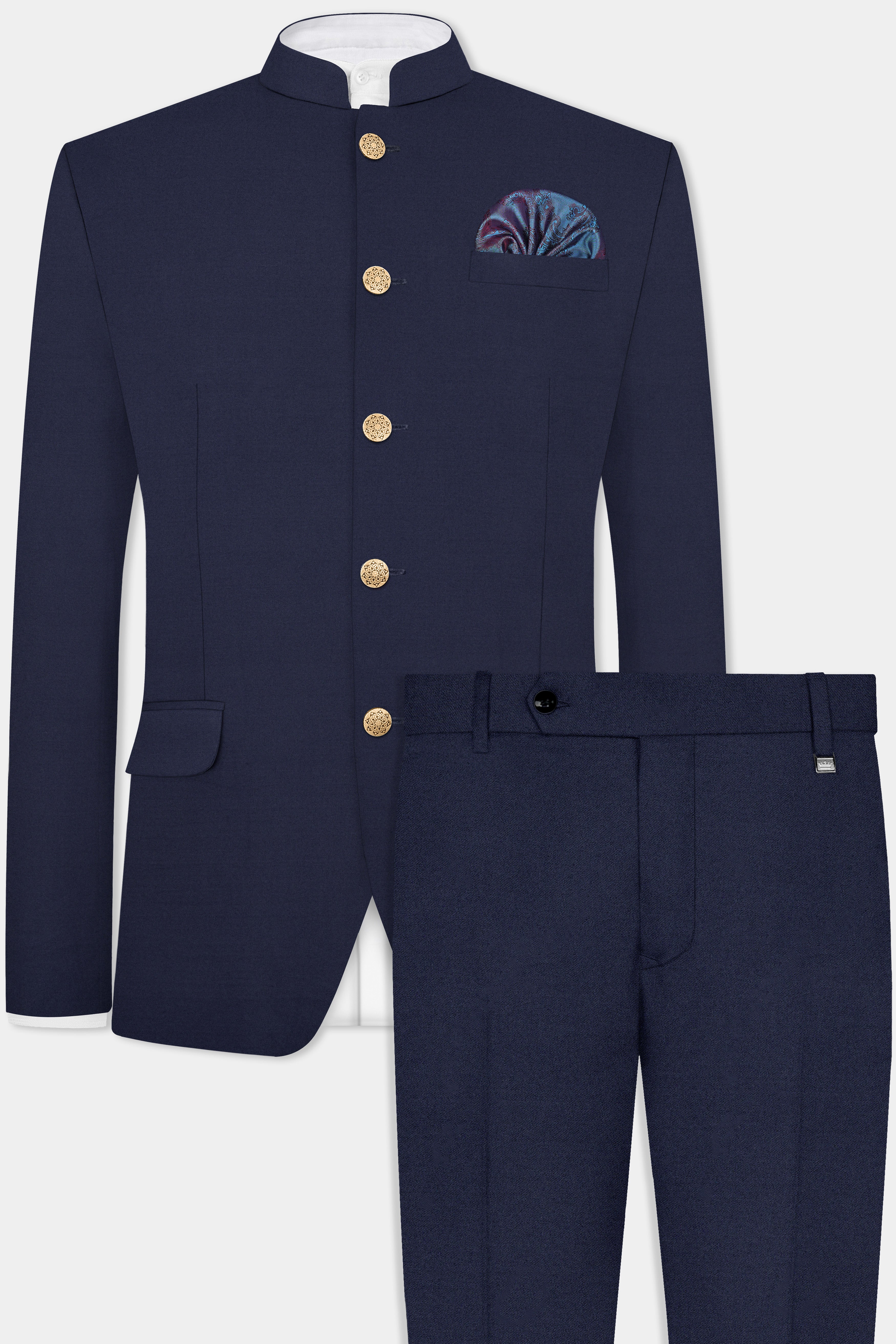 Space Cadet Blue Solid Wool Blend Bandhgala Suit