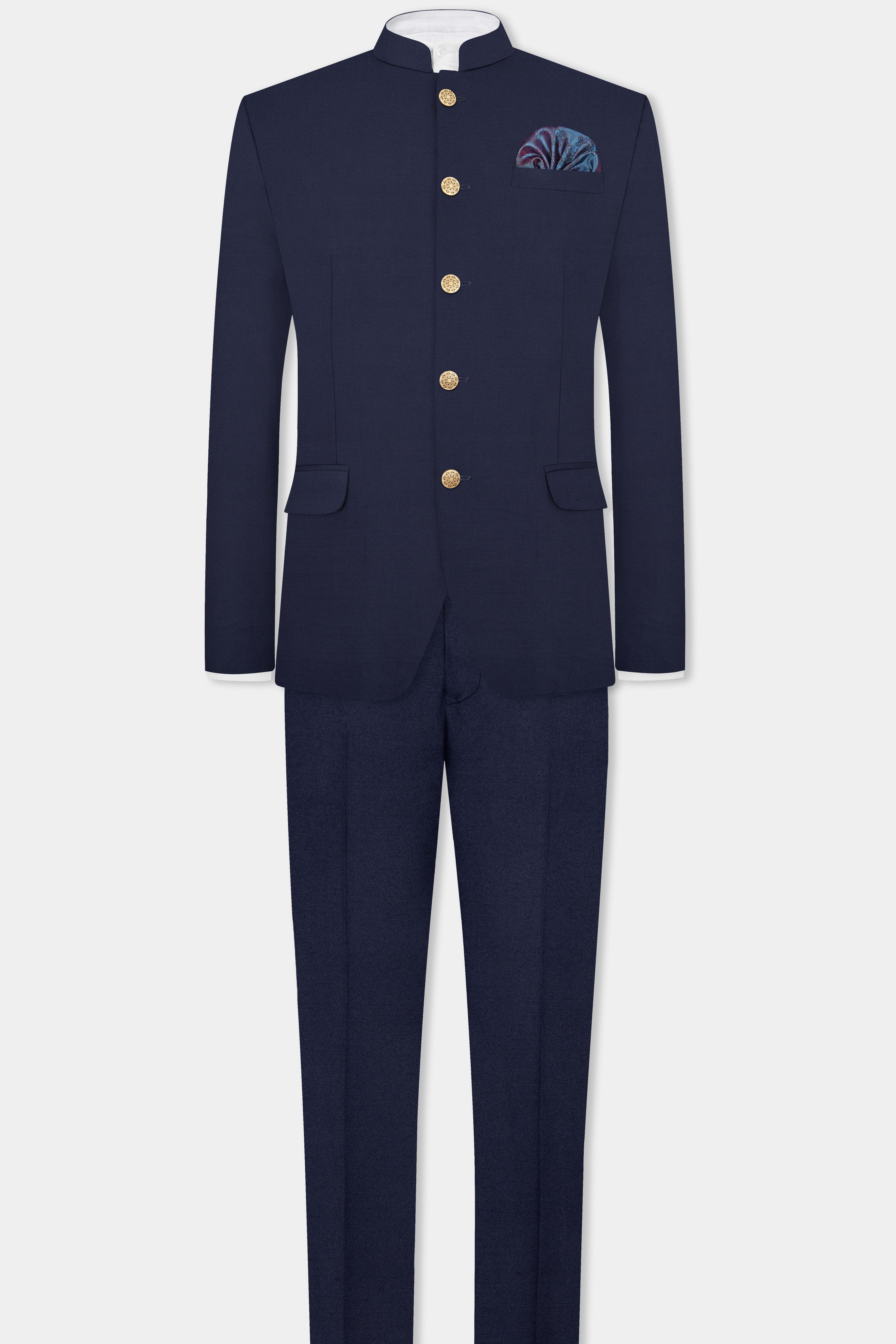 Space Cadet Blue Solid Wool Blend Bandhgala Suit