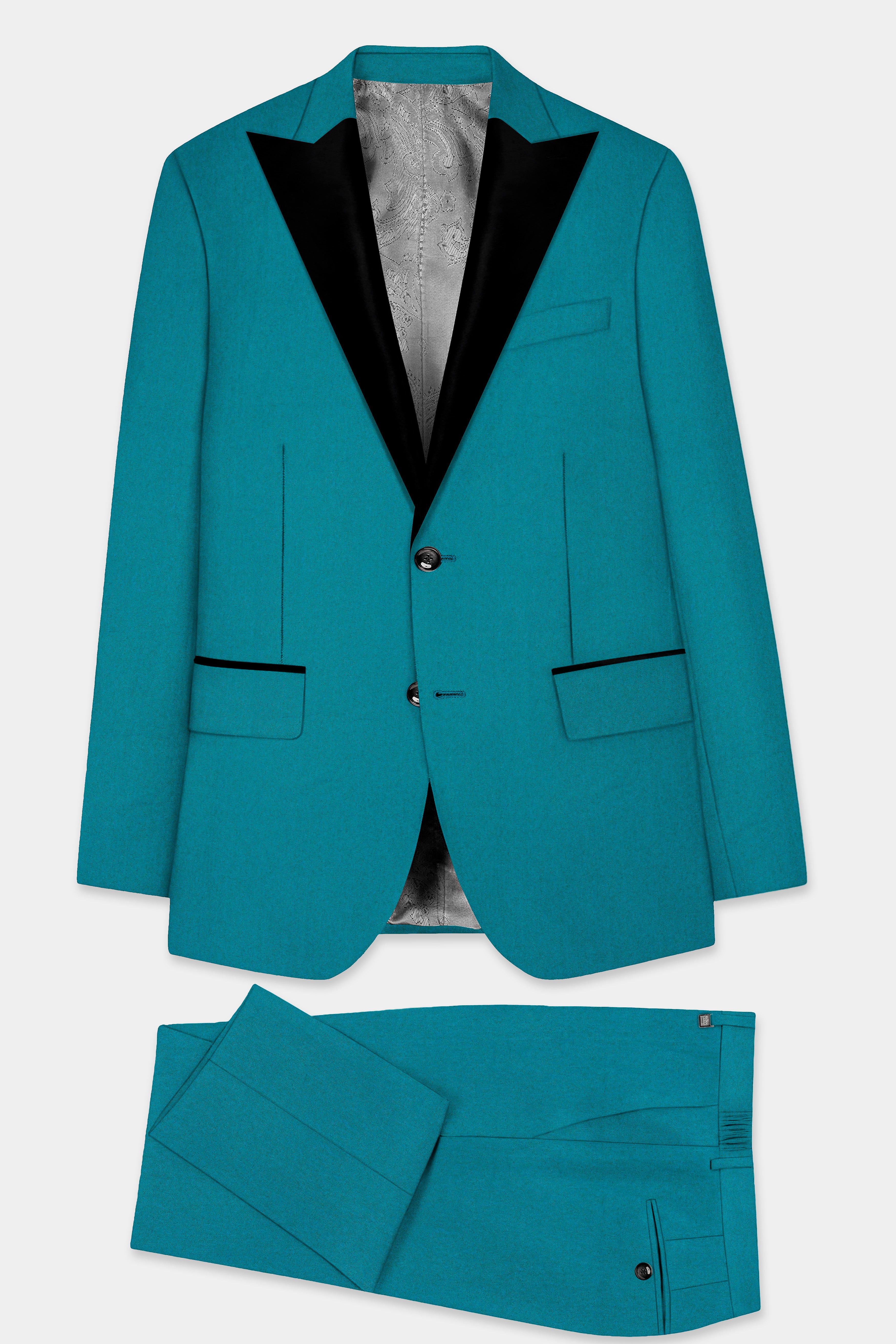 Surfie Green Plain Solid Wool Blend Peak Collar Tuxedo Suit