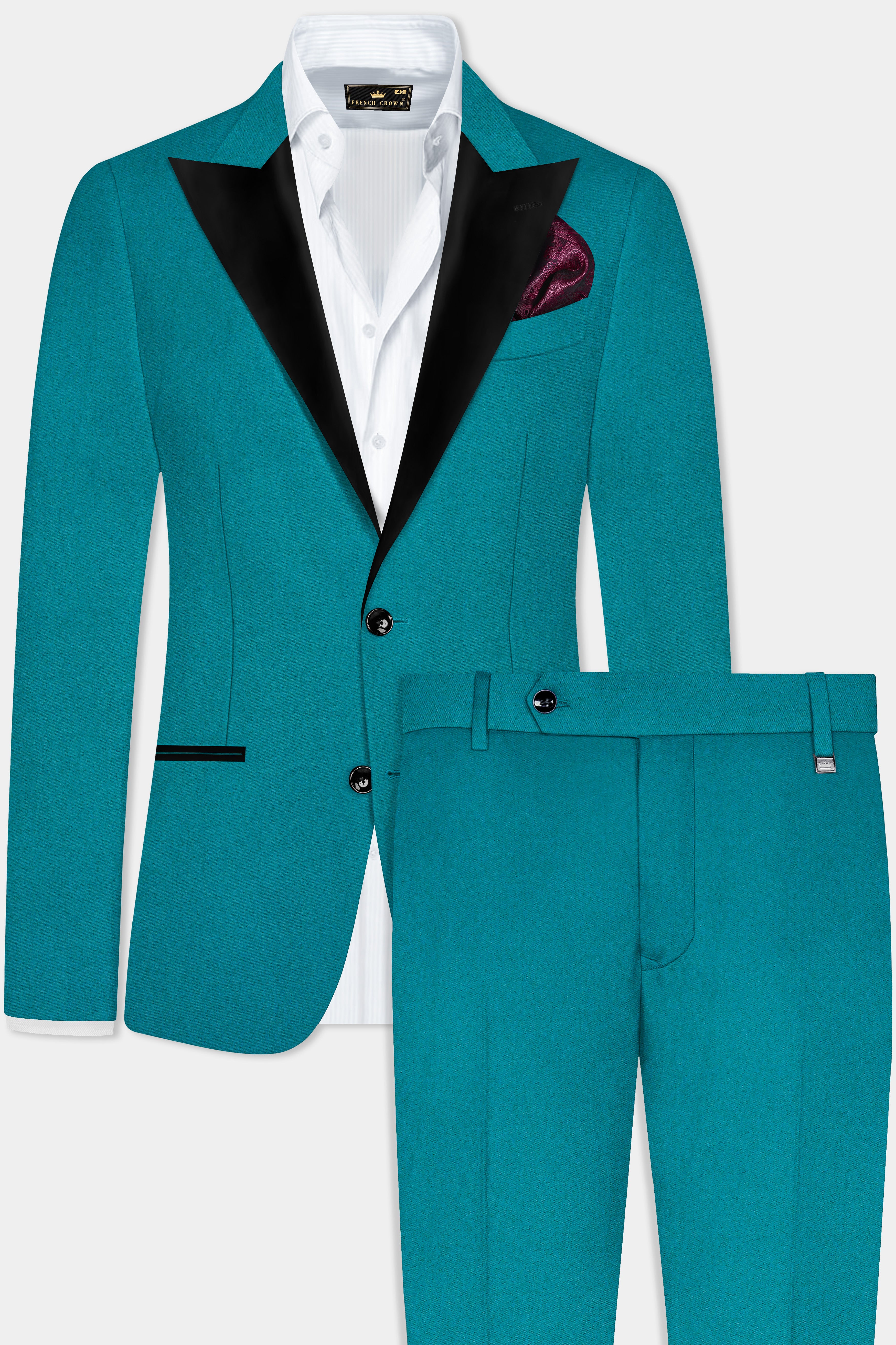 Surfie Green Plain Solid Wool Blend Peak Lapel Tuxedo Suit