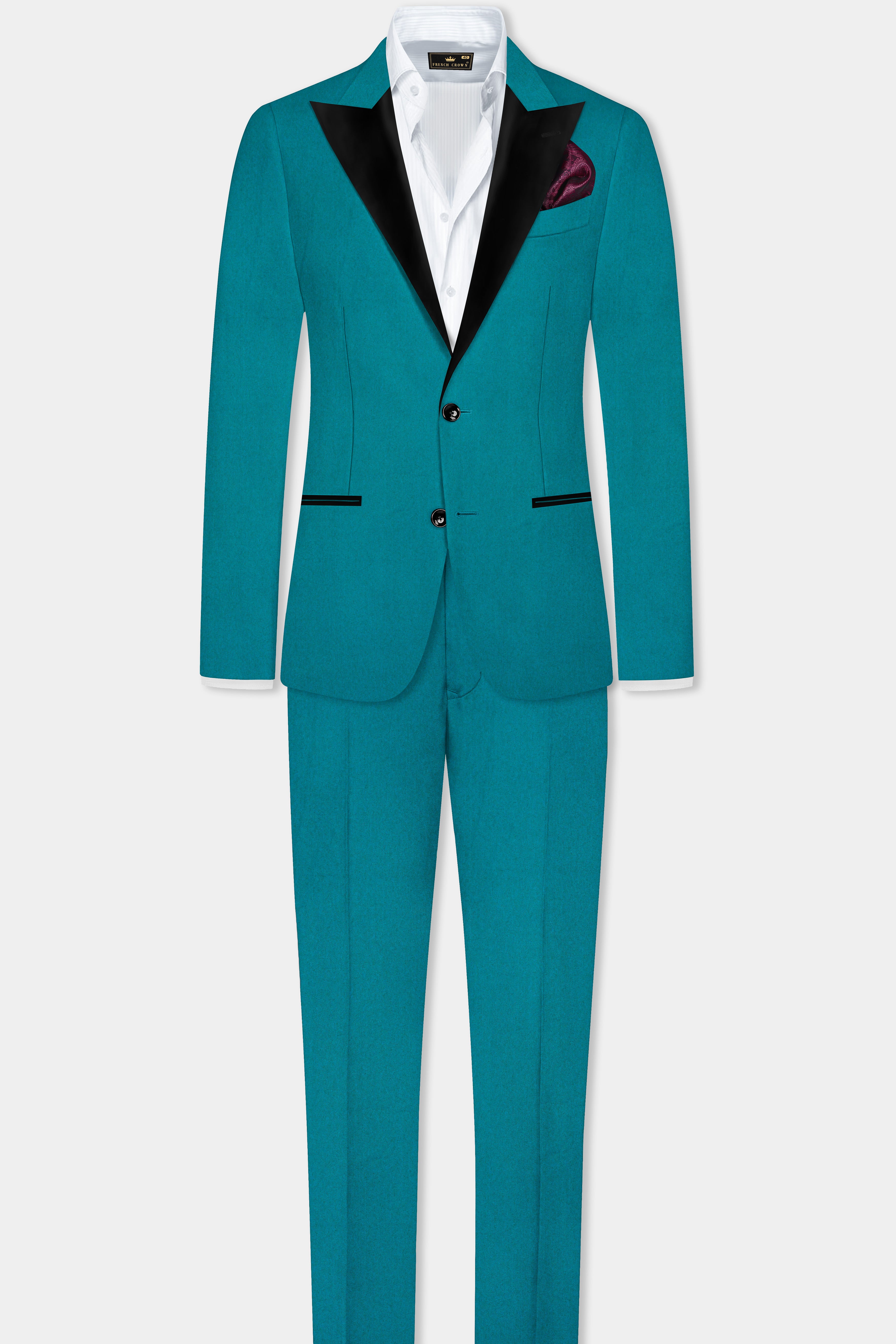 Surfie Green Plain Solid Wool Blend Peak Lapel Tuxedo Suit