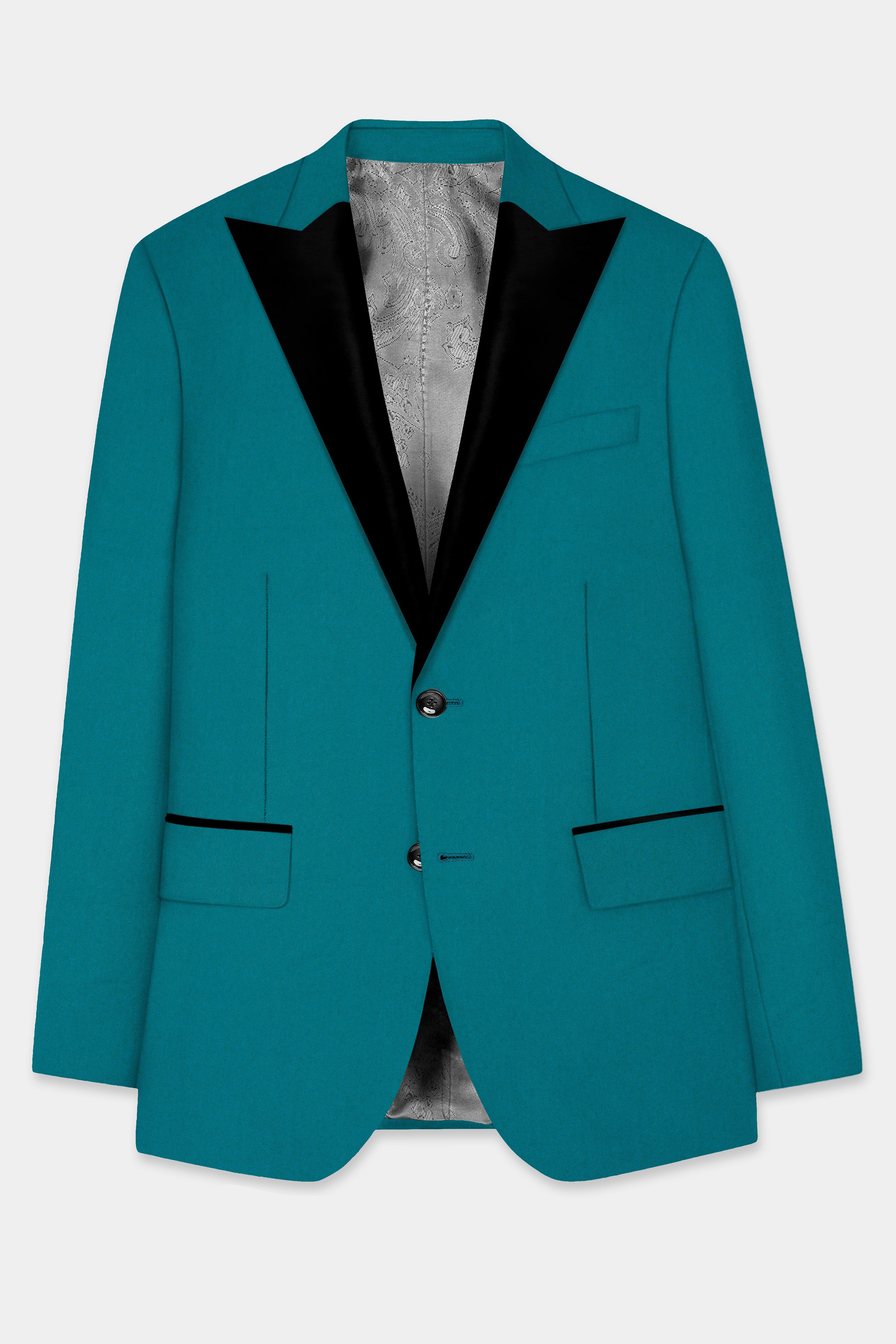 Surfie Green Plain Solid Wool Blend Peak Collar Tuxedo Suit