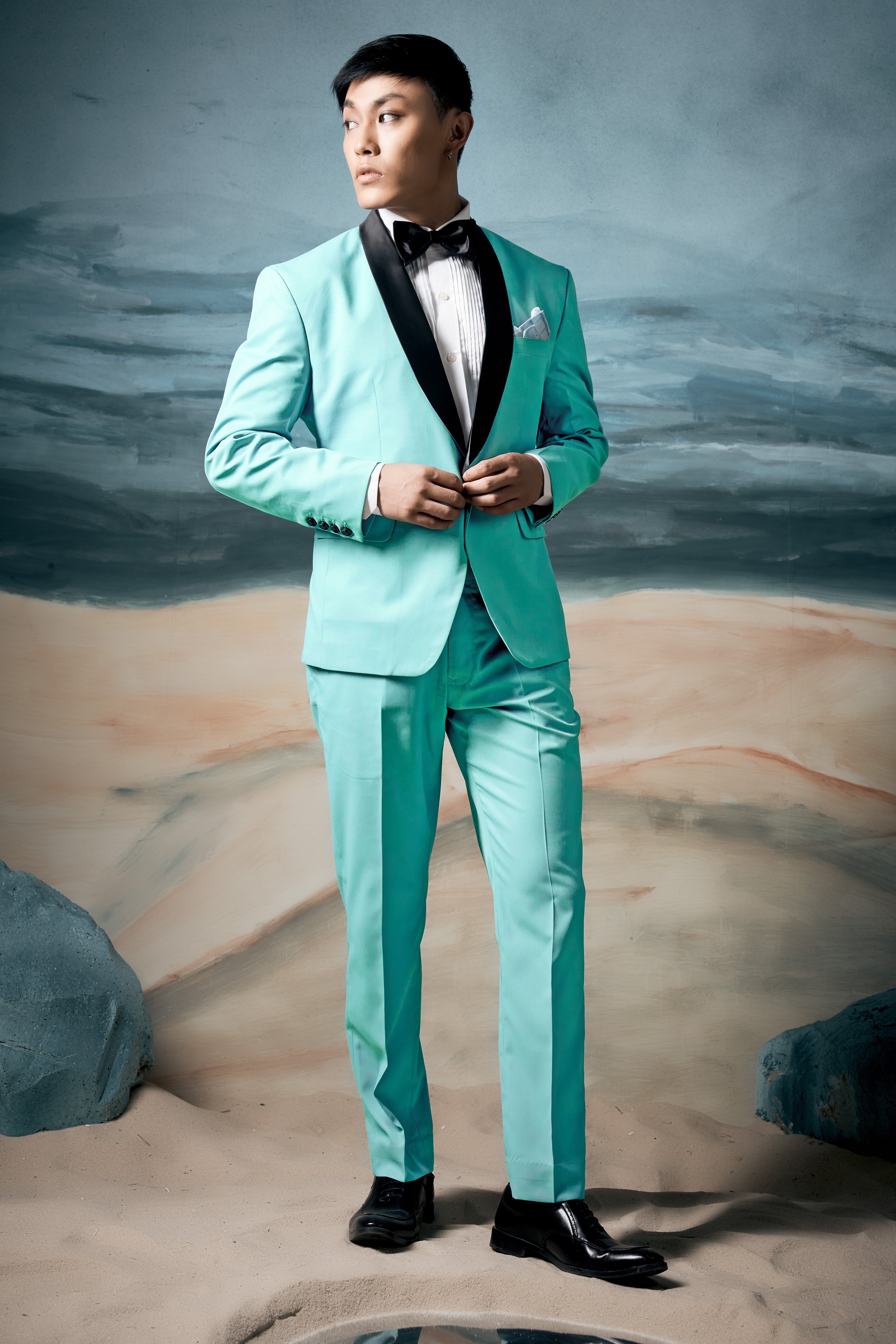 Korean Sinbad Blue Solid Wool Blend Tuxedo Suit