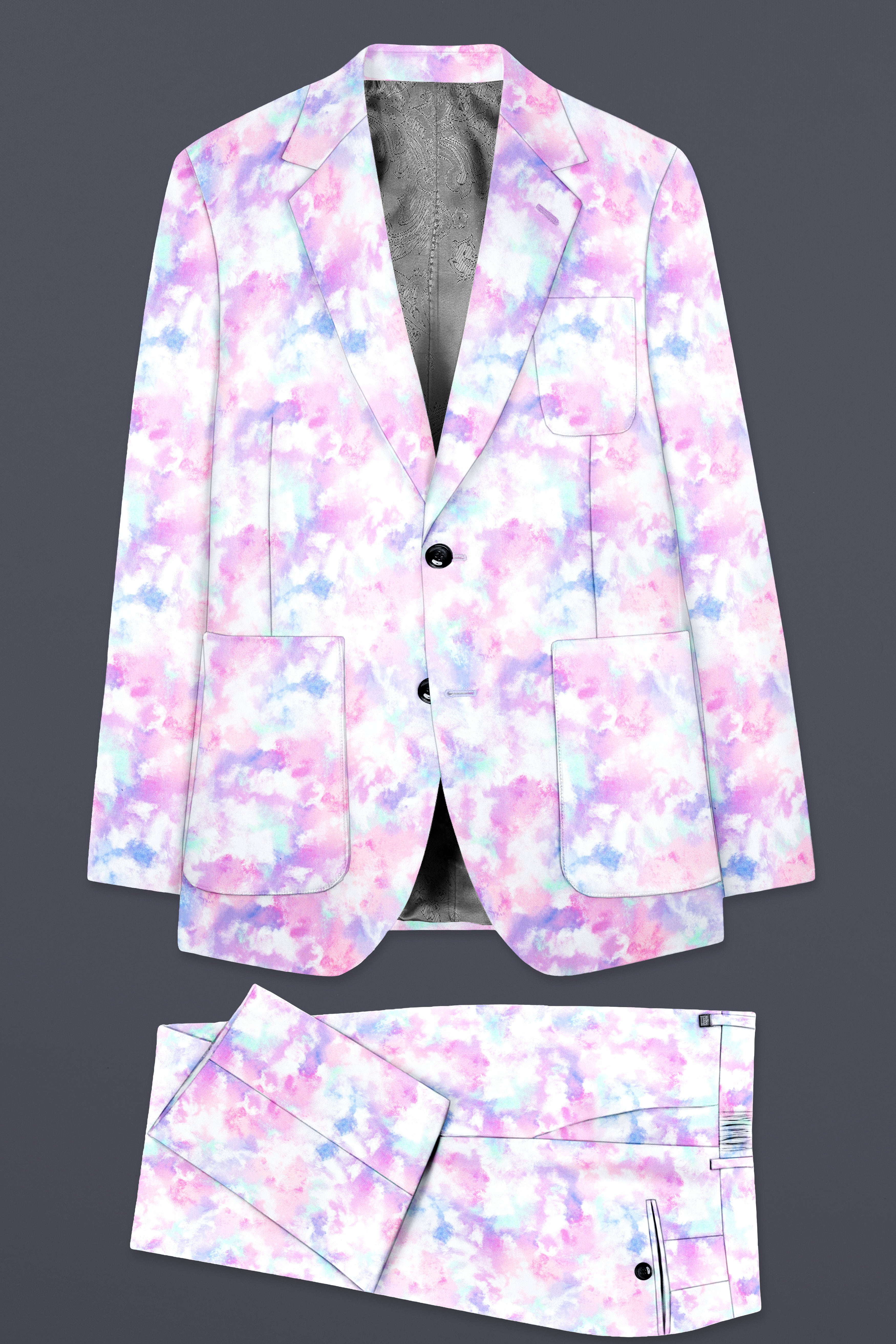 Thistle Pink And Wisteria Purple Multi Color cloud printed Cotton Single Breasted Suit