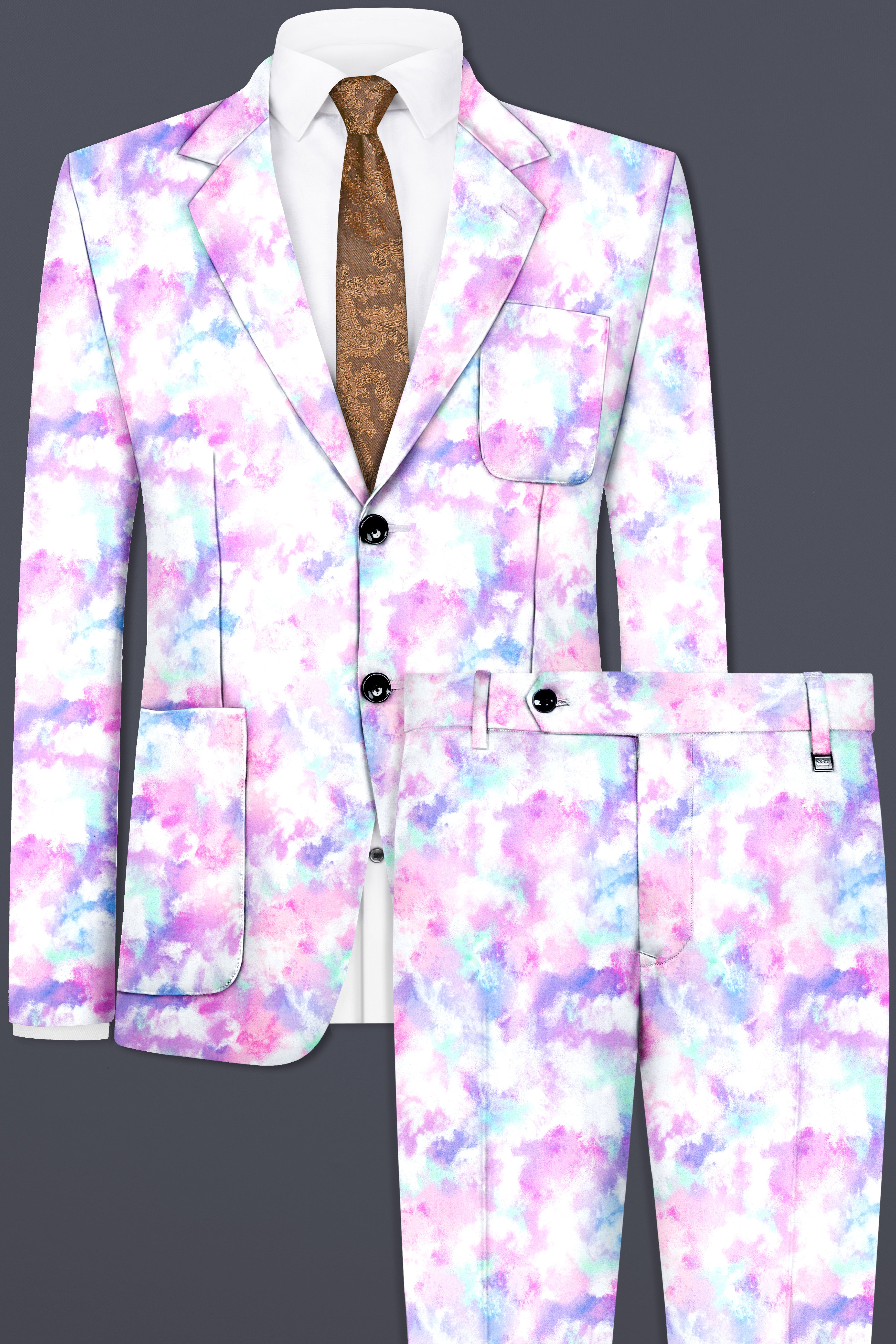 Thistle Pink And Wisteria Purple Multi Color cloud printed Cotton Single Breasted Suit