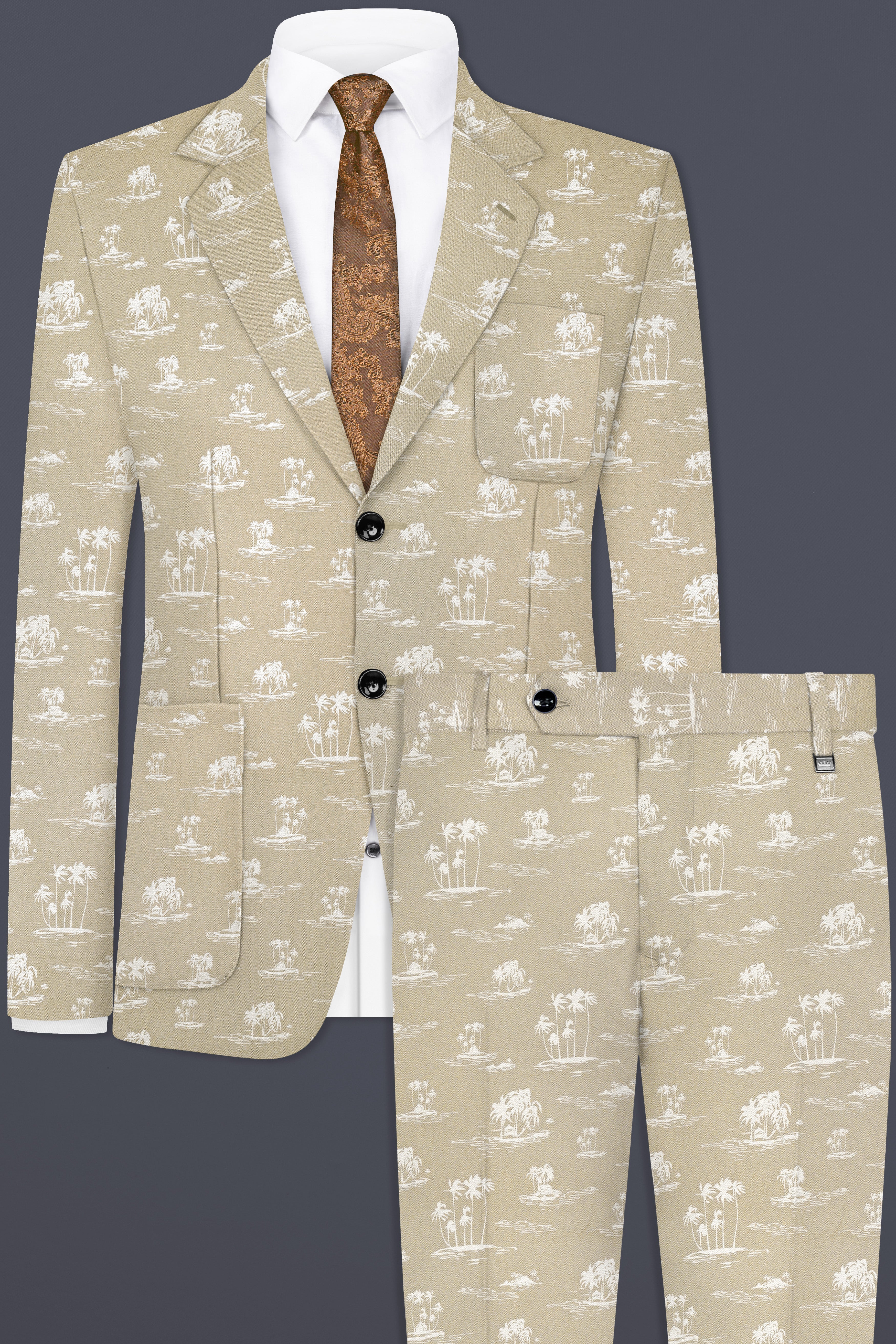 Malta Cream Coconut Tree Printed Cotton Single Breasted Suit