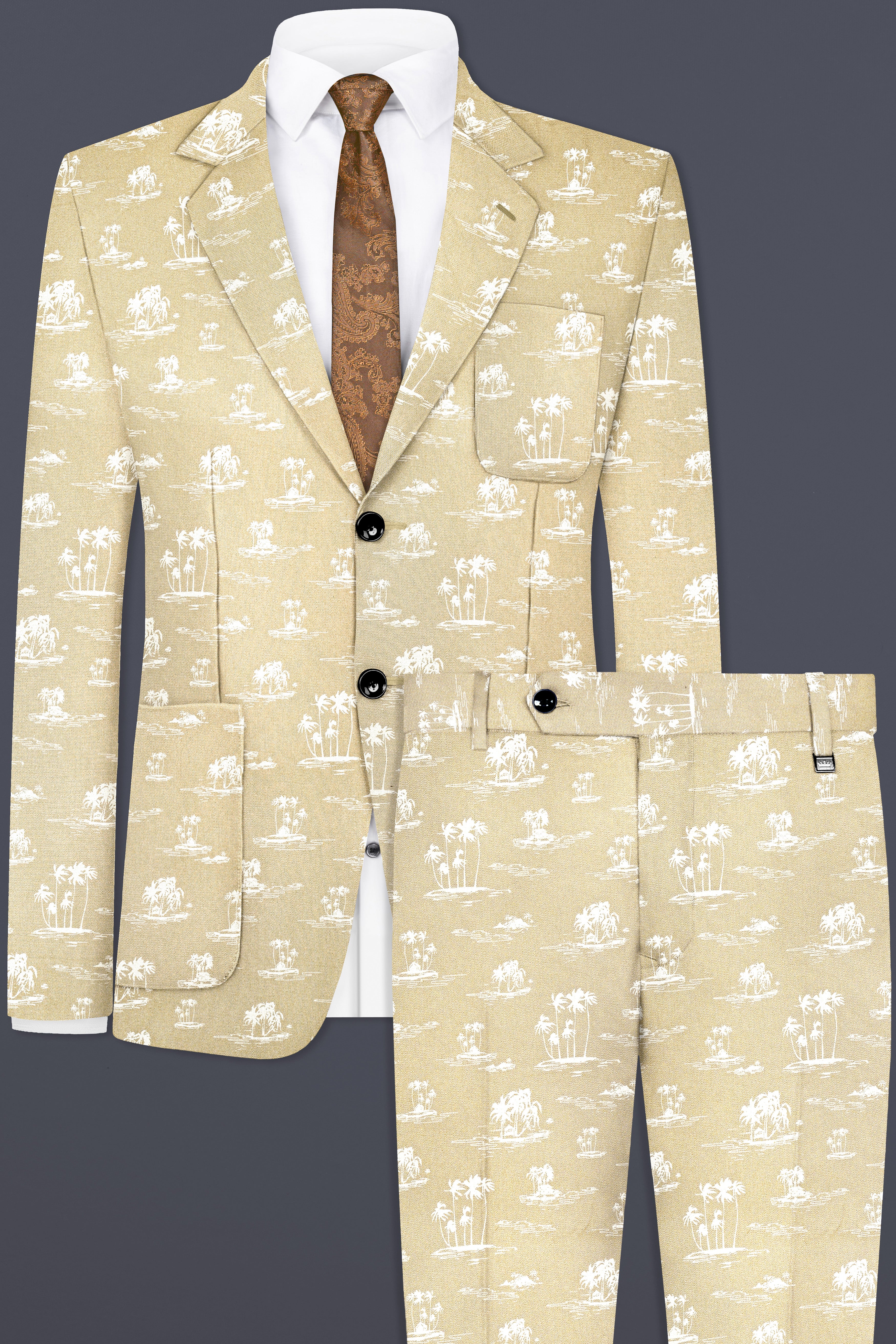 Malta Cream Coconut Tree Printed Cotton Single Breasted Suit