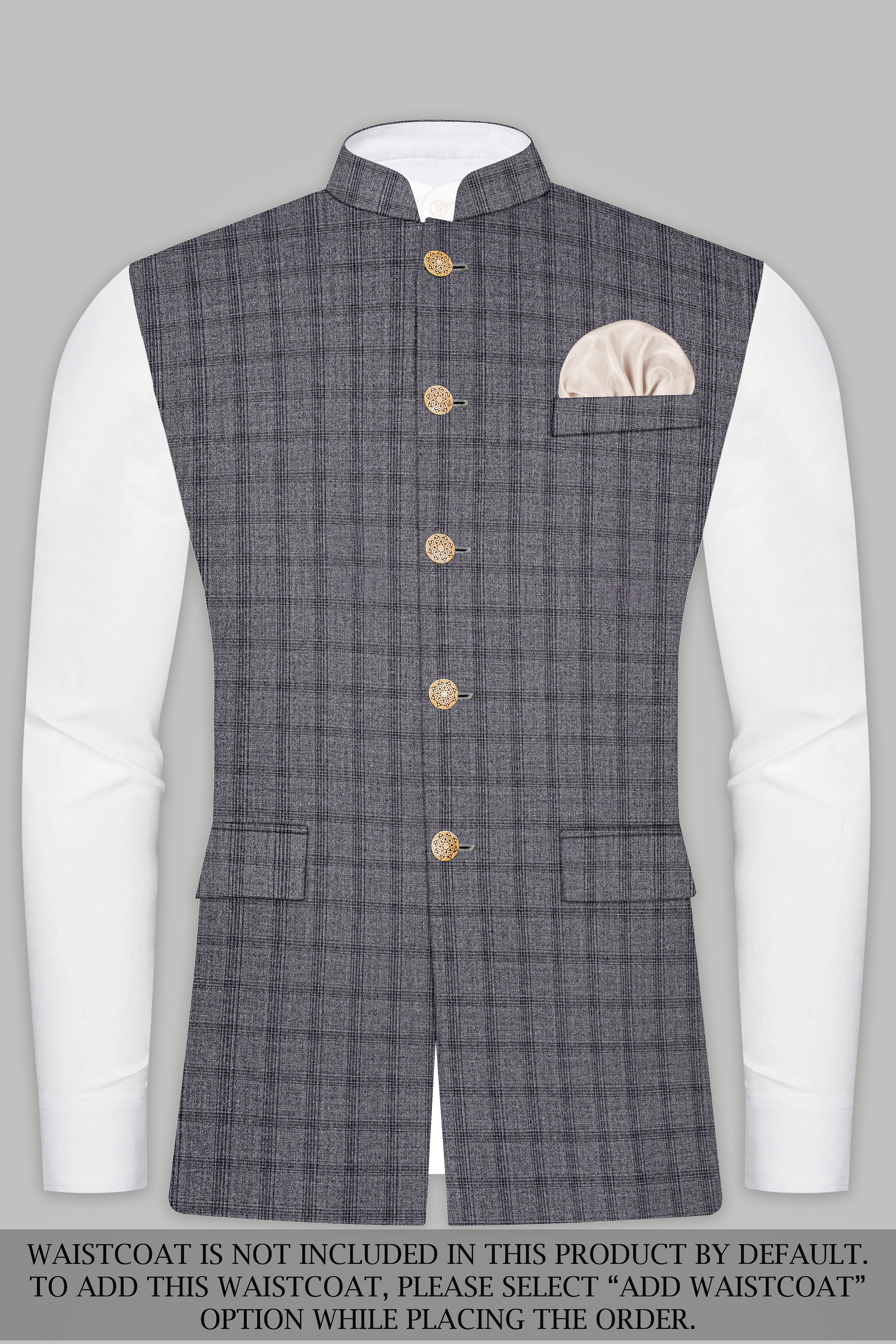 Gravel Gray Checked Wool Blend Cross Placket Bandhgala Suit