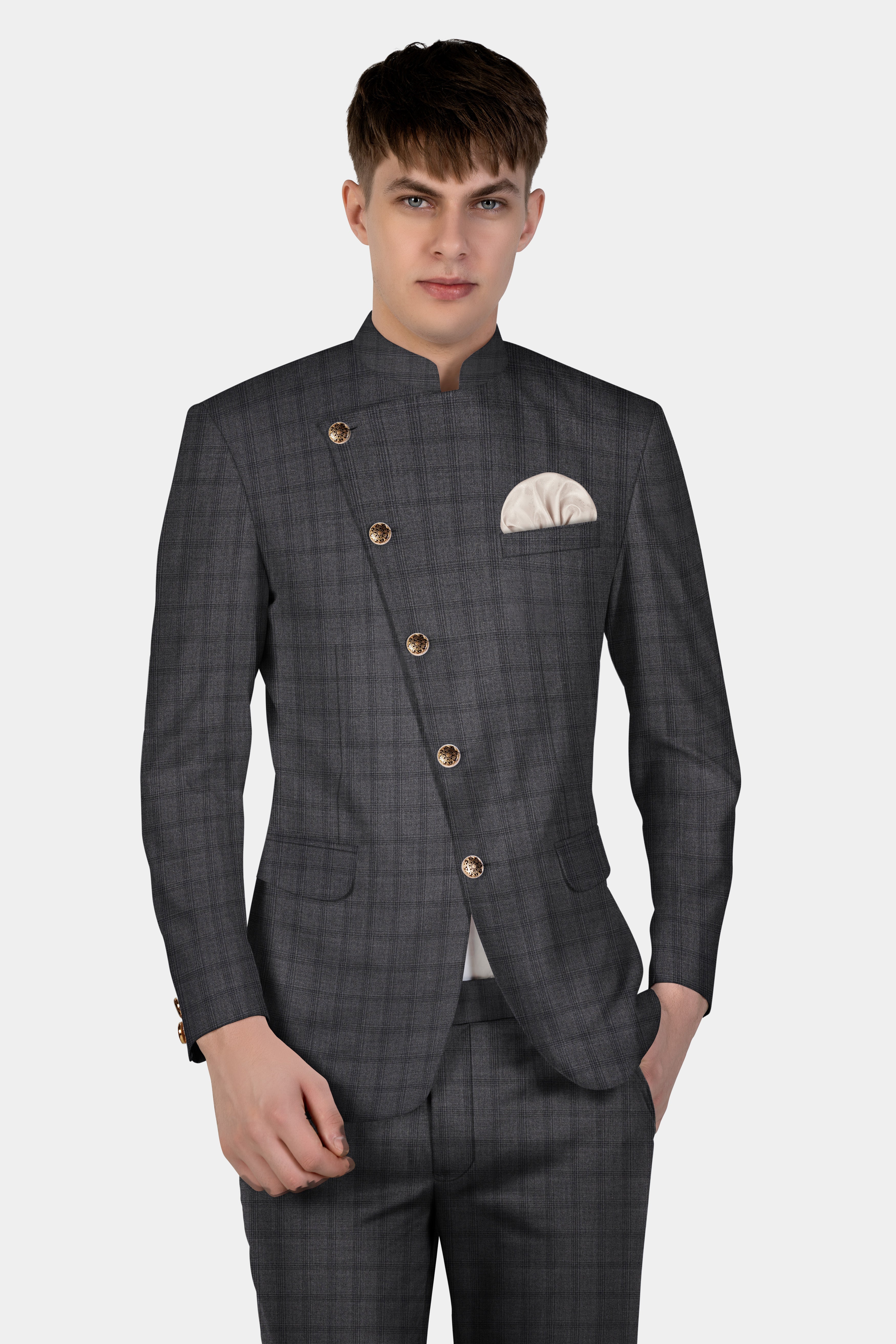 Gravel Gray Checked Wool Blend Cross Placket Bandhgala Suit