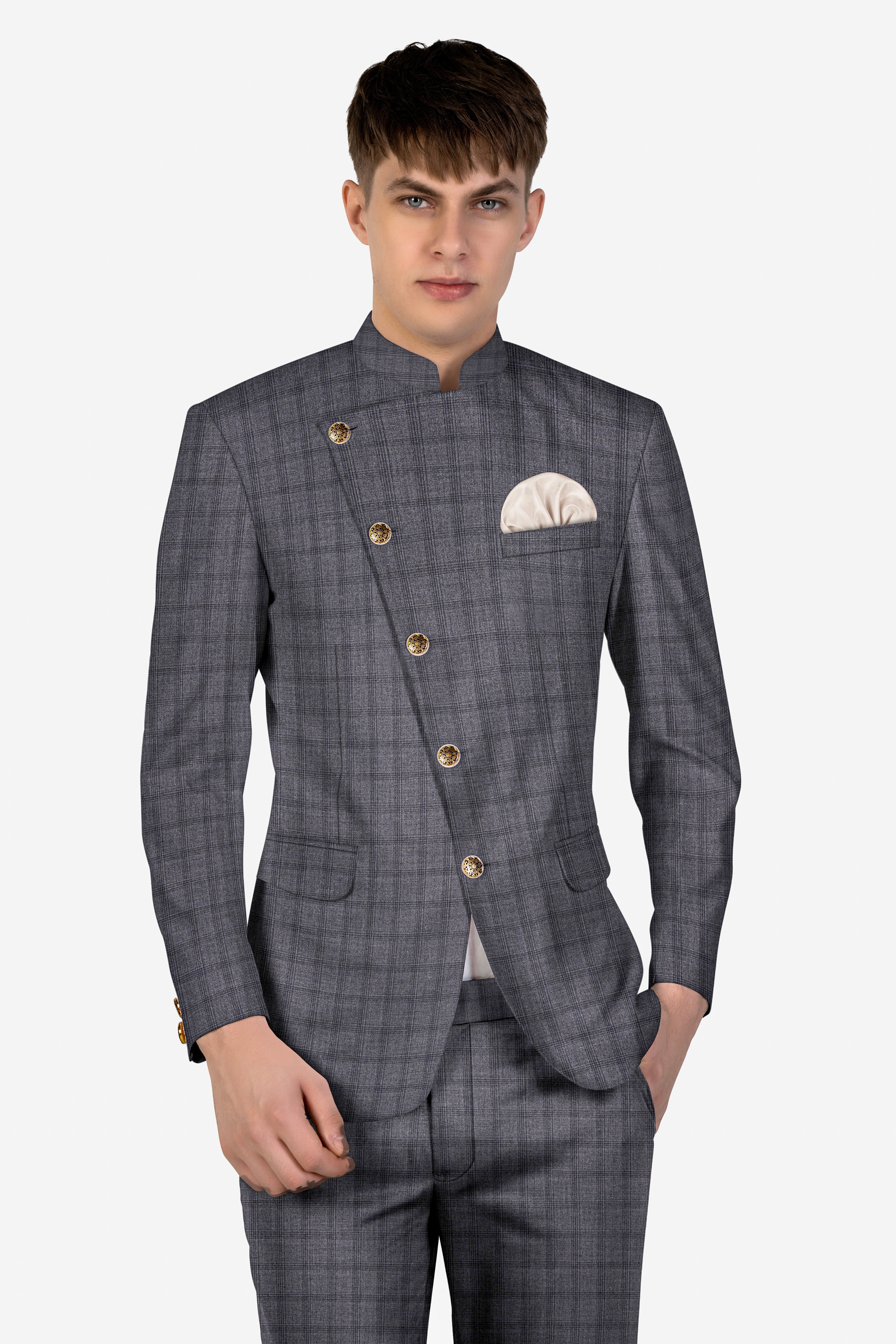 Gravel Gray Checked Wool Blend Cross Placket Bandhgala Suit