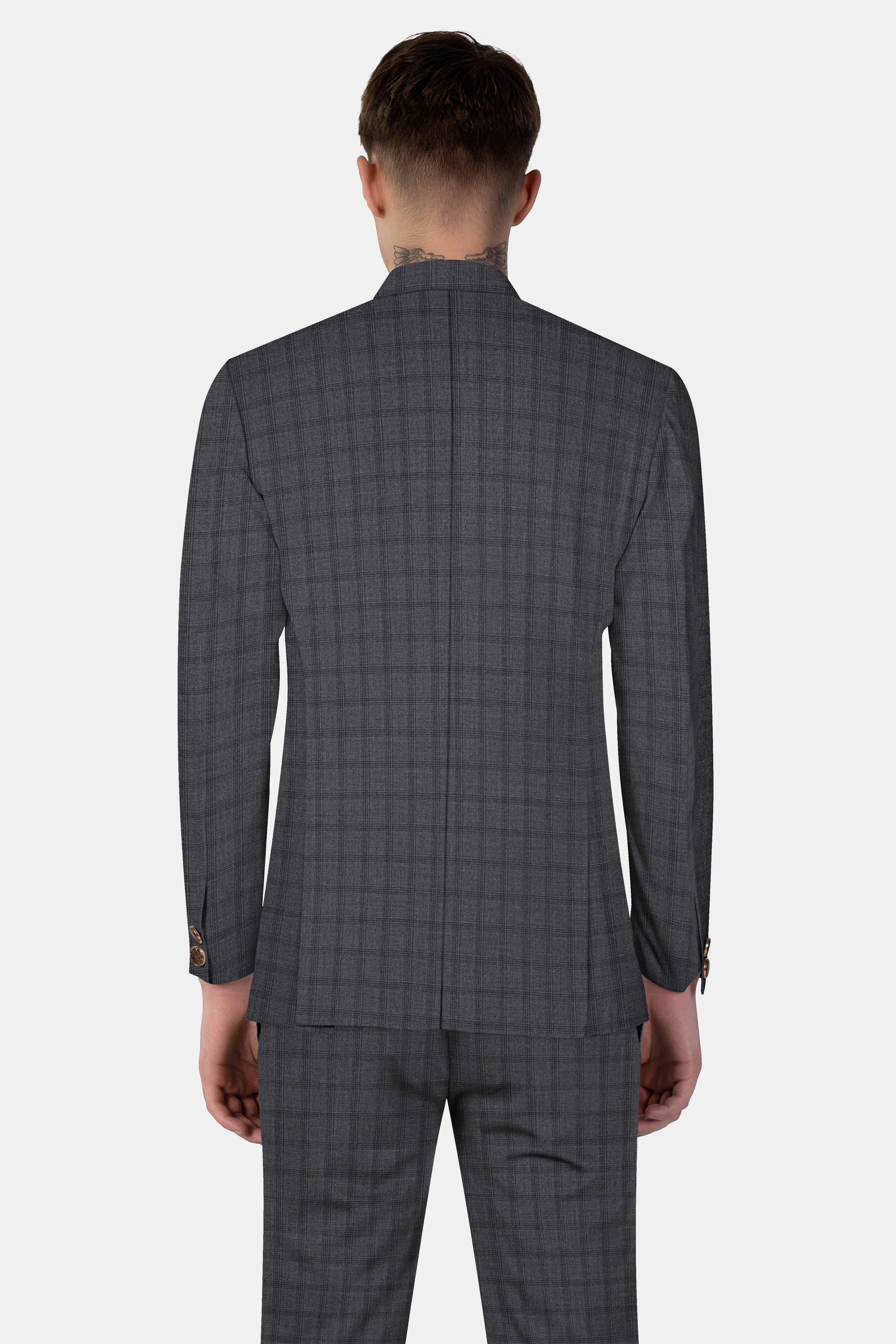 Gravel Gray Checked Wool Blend Cross Placket Bandhgala Suit