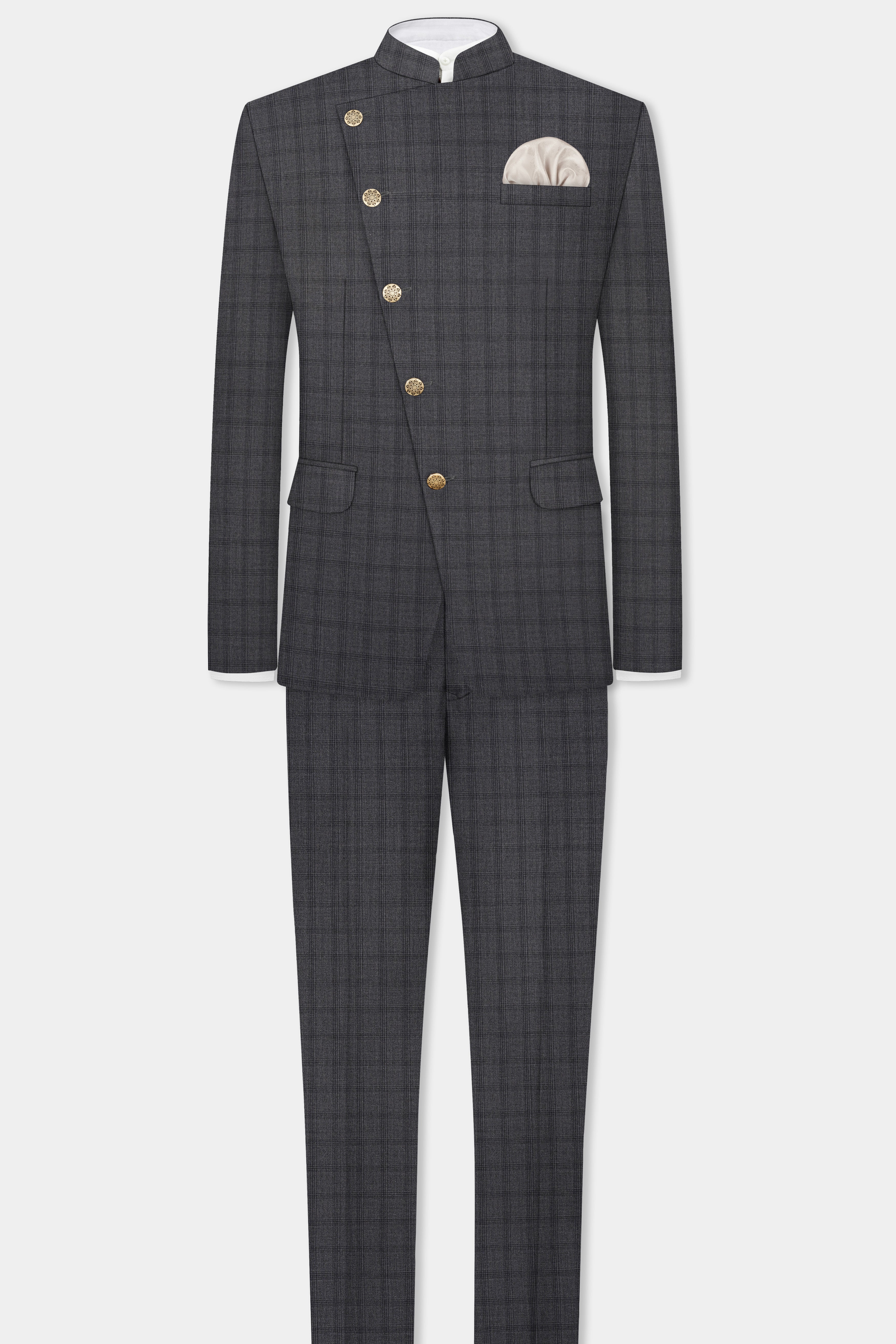 Gravel Gray Checked Wool Blend Cross Placket Bandhgala Suit