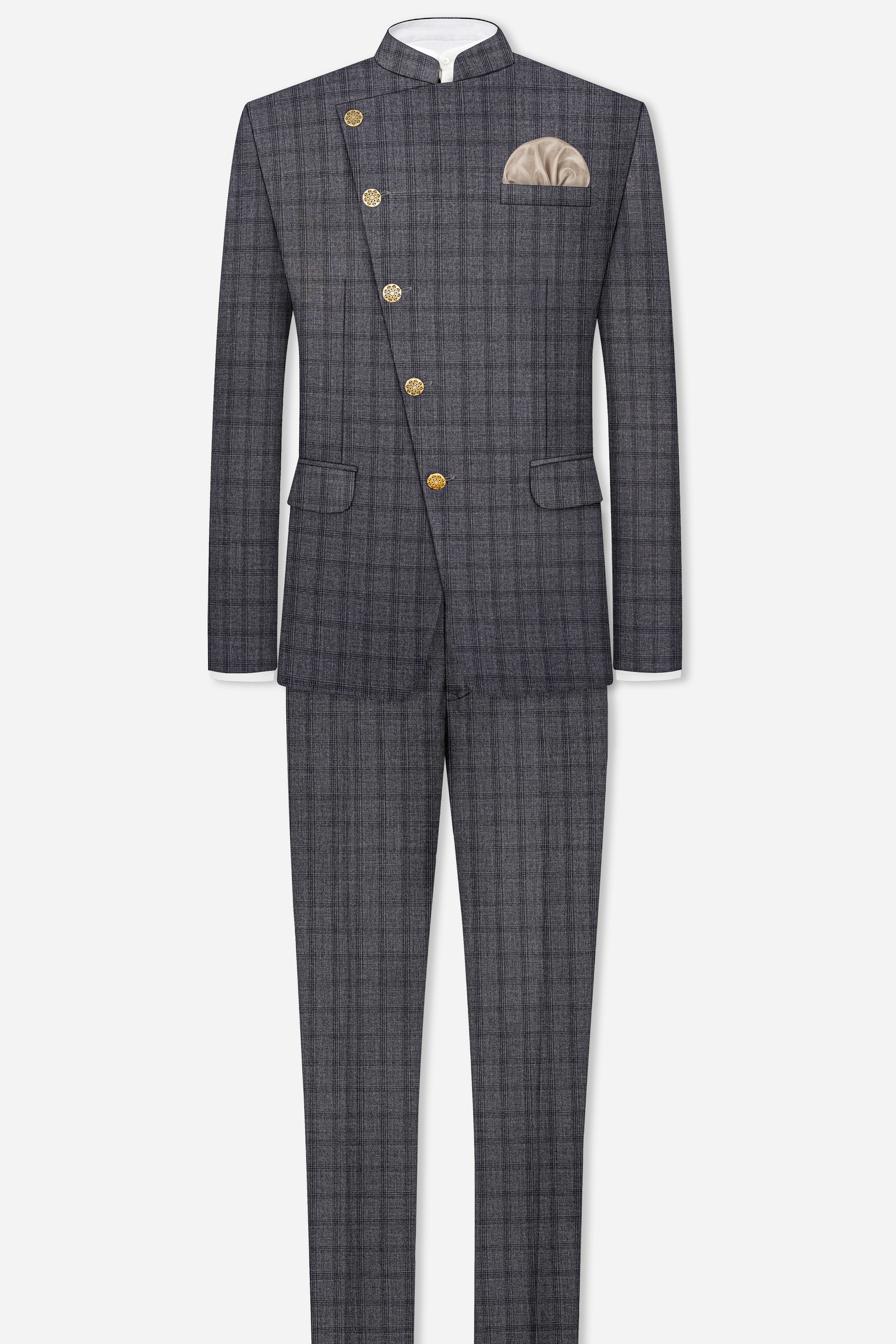 Gravel Gray Checked Wool Blend Cross Placket Bandhgala Suit