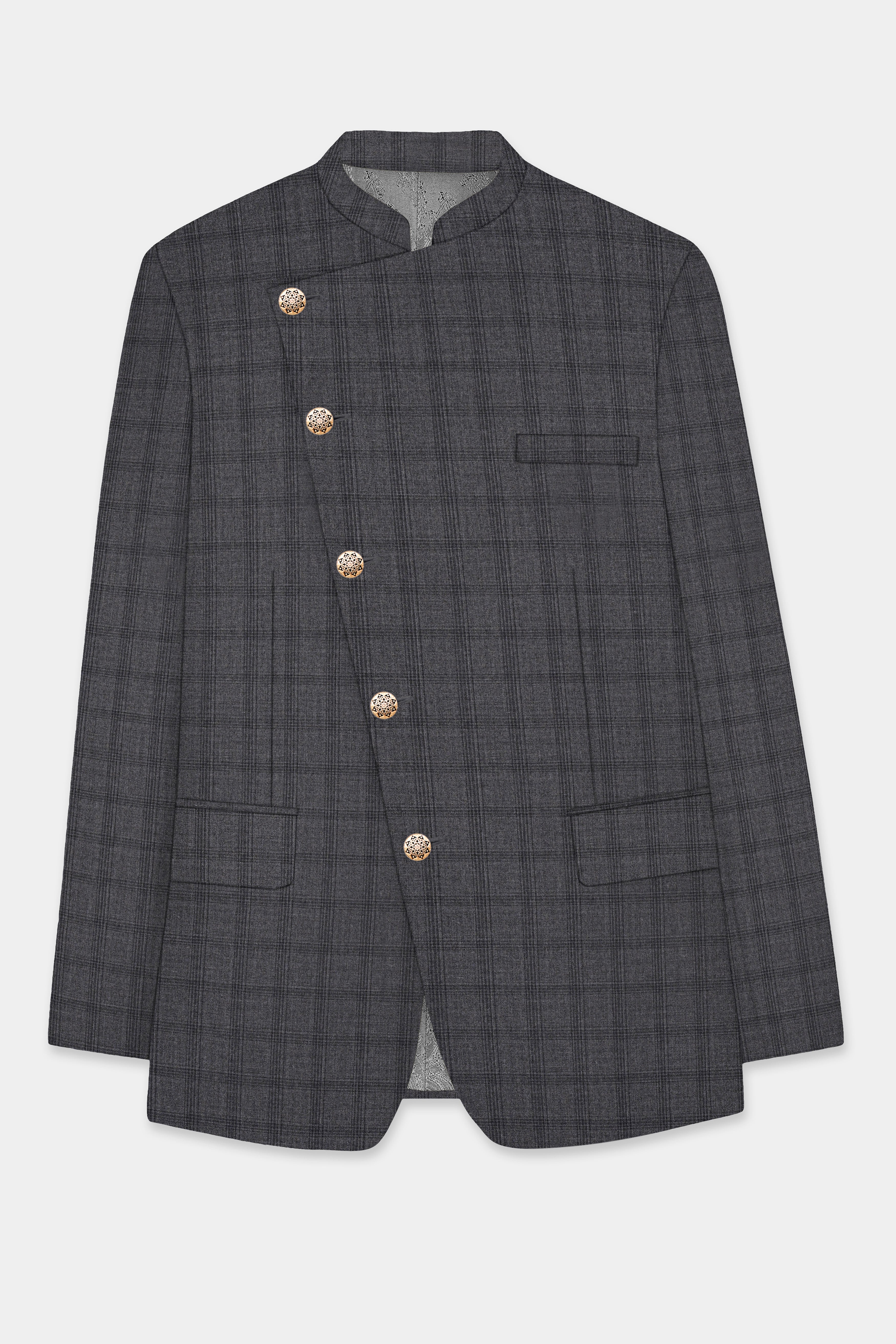 Gravel Gray Checked Wool Blend Cross Placket Bandhgala Suit