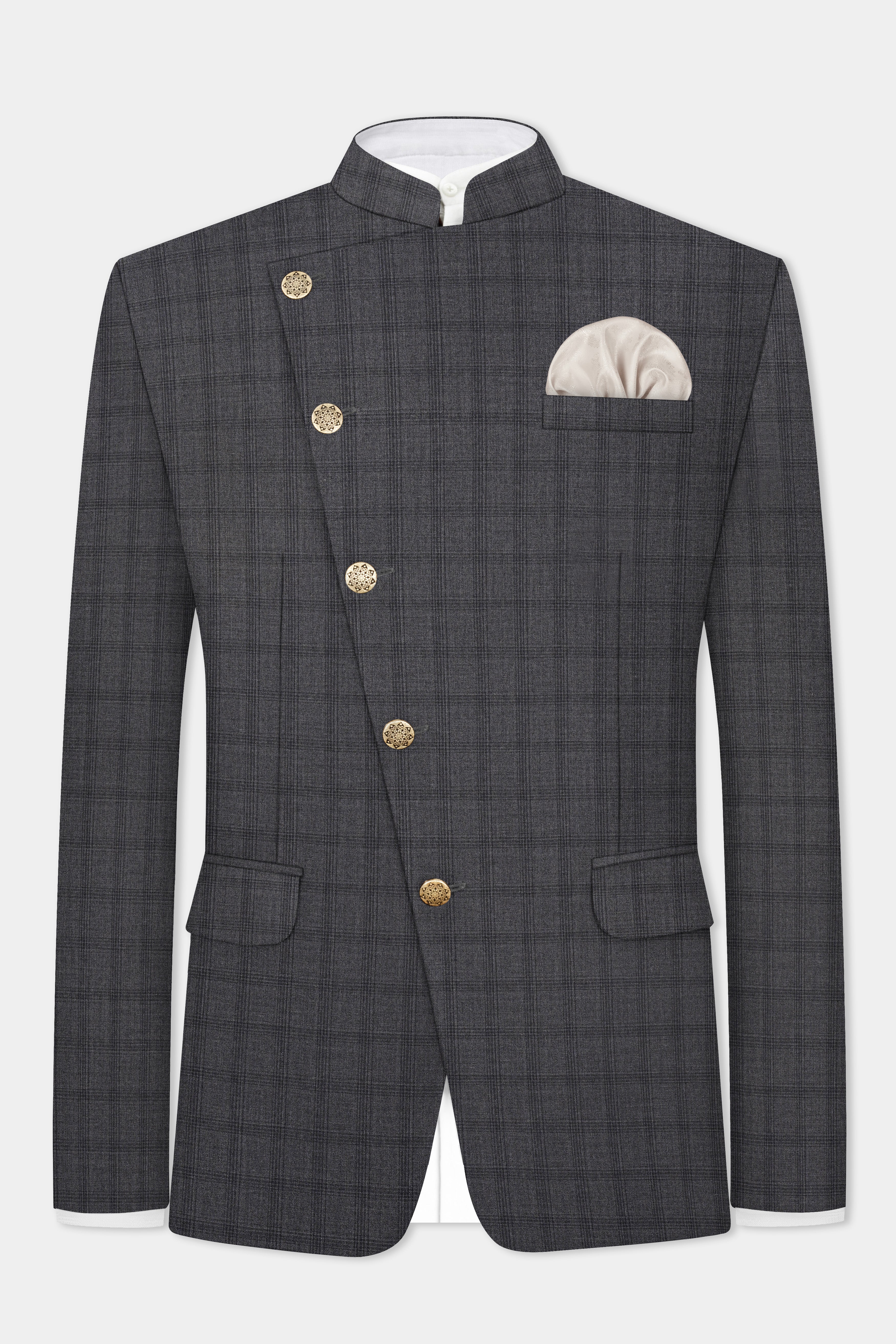 Gravel Gray Checked Wool Blend Cross Placket Bandhgala Suit